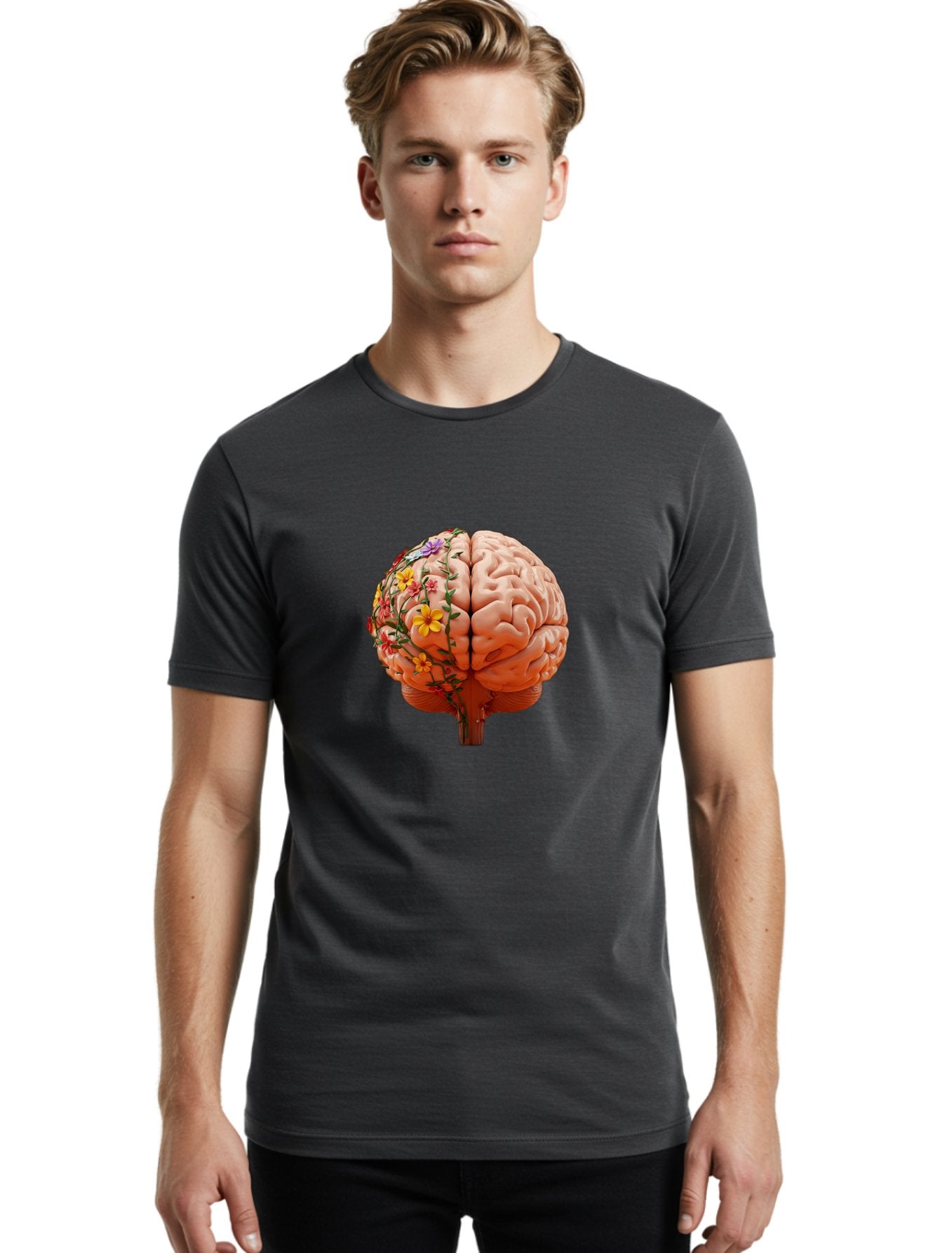 Human-Brain-With-Flowers Men'S Graphic Tee, 100% Cotton, Comfortable Casual Summer Wear, Machine Washable, Human Brain, Floral Growth, Creative Thinking, Brain Development, Mental Wellness, Colorful Blooms, Cognitive Function, Bae047 29