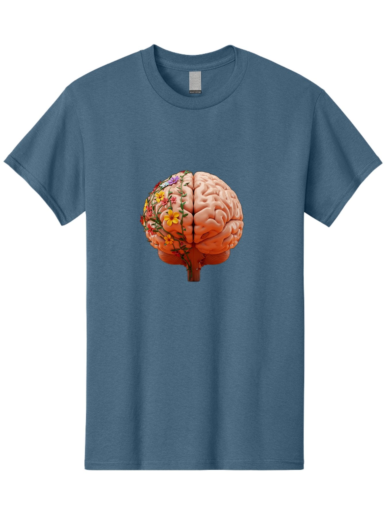 Human-Brain-With-Flowers Men'S Graphic Tee, 100% Cotton, Comfortable Casual Summer Wear, Machine Washable, Human Brain, Floral Growth, Creative Thinking, Brain Development, Mental Wellness, Colorful Blooms, Cognitive Function, Bae047