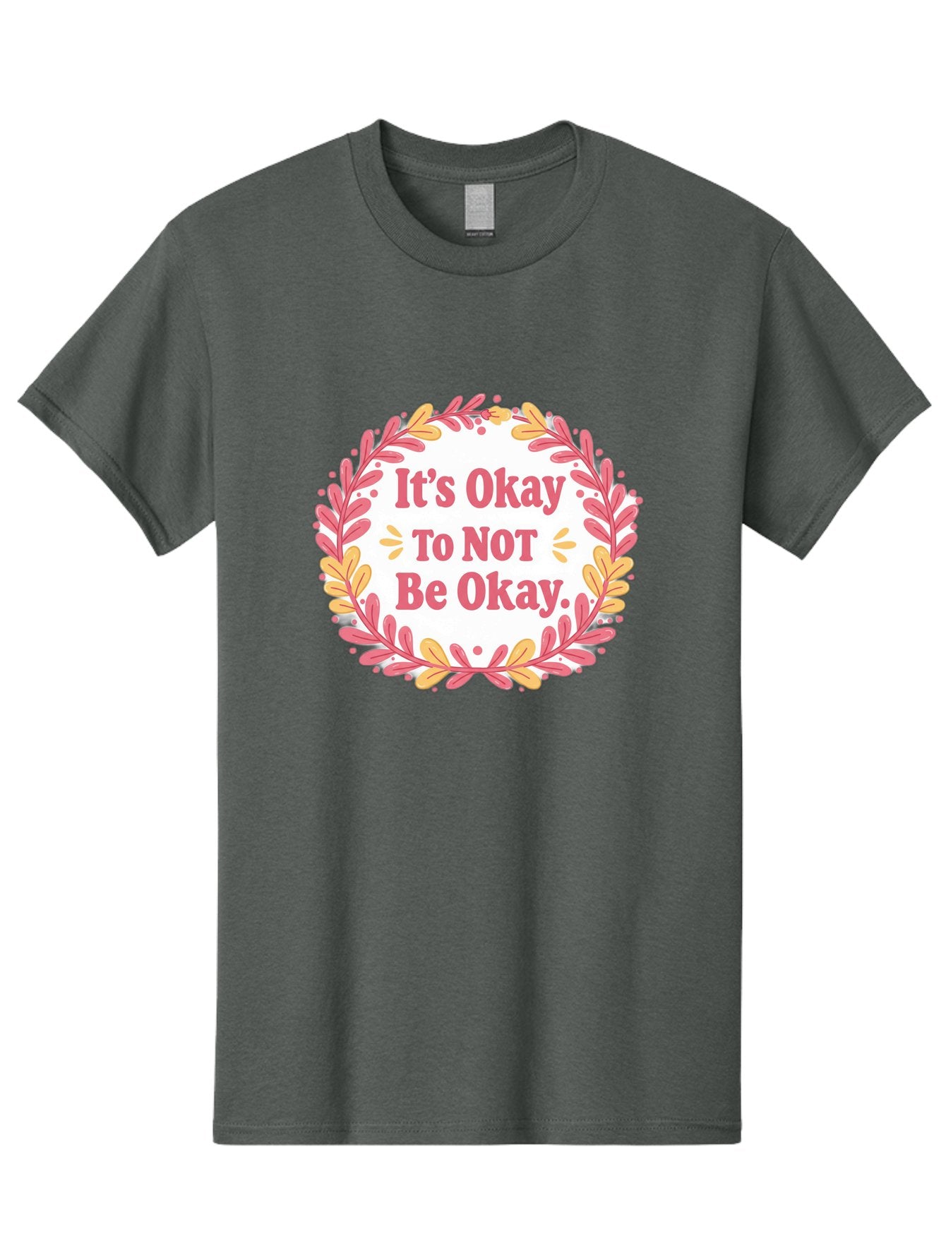 It-S-Okay-To-Not-Be-Okay-1 Men'S Graphic Tee, 100% Cotton, Comfortable Casual Summer Wear, Machine Washable, Motivational Quote, Mental Health Awareness, Inspirational Message, Positive Vibes, Self Care, Wellness, Pink Font, Yellow Leaves, Bae050 8