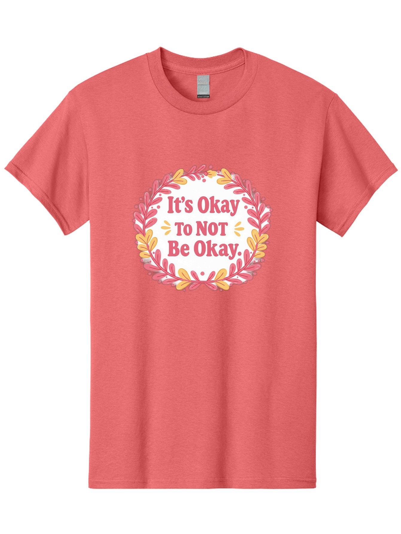 It-S-Okay-To-Not-Be-Okay-1 Men'S Graphic Tee, 100% Cotton, Comfortable Casual Summer Wear, Machine Washable, Motivational Quote, Mental Health Awareness, Inspirational Message, Positive Vibes, Self Care, Wellness, Pink Font, Yellow Leaves, Bae050 10