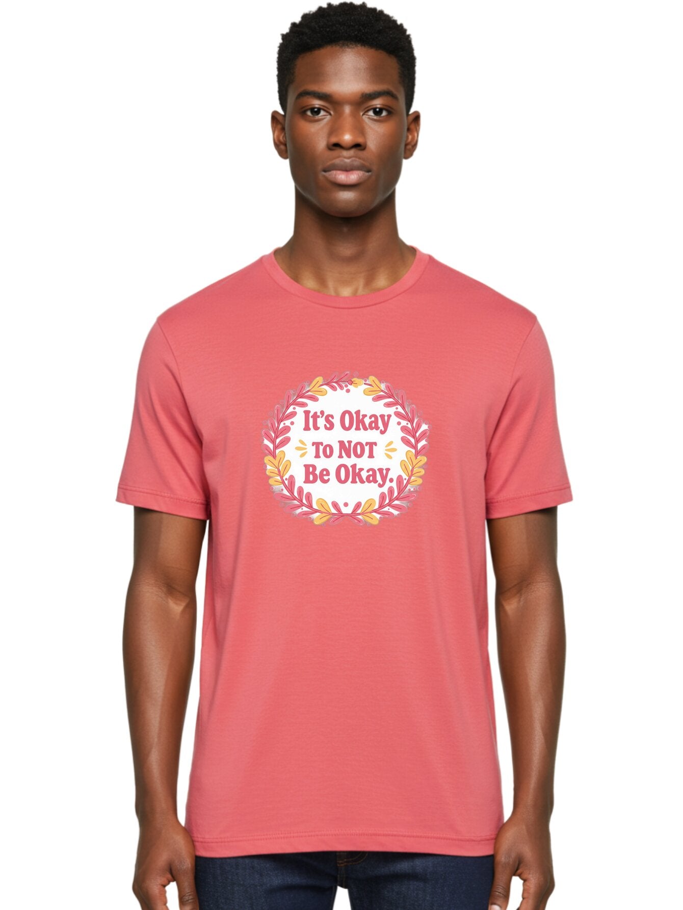 It-S-Okay-To-Not-Be-Okay-1 Men'S Graphic Tee, 100% Cotton, Comfortable Casual Summer Wear, Machine Washable, Motivational Quote, Mental Health Awareness, Inspirational Message, Positive Vibes, Self Care, Wellness, Pink Font, Yellow Leaves, Bae050 17