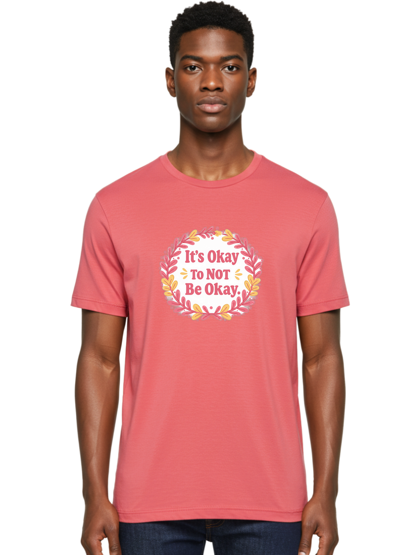 It-S-Okay-To-Not-Be-Okay-1 Men'S Graphic Tee, 100% Cotton, Comfortable Casual Summer Wear, Machine Washable, Motivational Quote, Mental Health Awareness, Inspirational Message, Positive Vibes, Self Care, Wellness, Pink Font, Yellow Leaves, Bae050 29