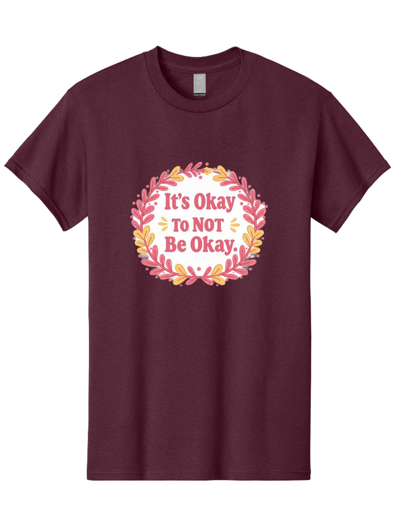 It-S-Okay-To-Not-Be-Okay-1 Men'S Graphic Tee, 100% Cotton, Comfortable Casual Summer Wear, Machine Washable, Motivational Quote, Mental Health Awareness, Inspirational Message, Positive Vibes, Self Care, Wellness, Pink Font, Yellow Leaves, Bae050 3