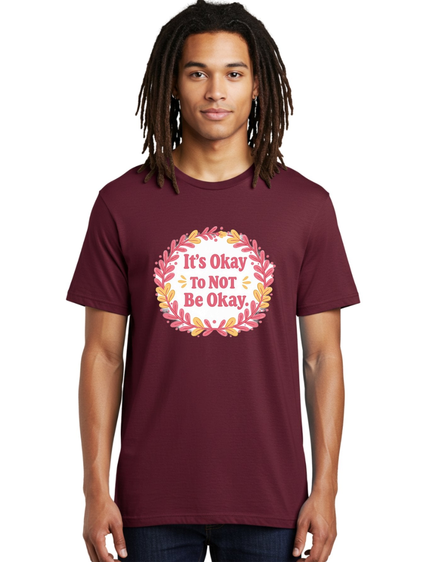 It-S-Okay-To-Not-Be-Okay-1 Men'S Graphic Tee, 100% Cotton, Comfortable Casual Summer Wear, Machine Washable, Motivational Quote, Mental Health Awareness, Inspirational Message, Positive Vibes, Self Care, Wellness, Pink Font, Yellow Leaves, Bae050 22