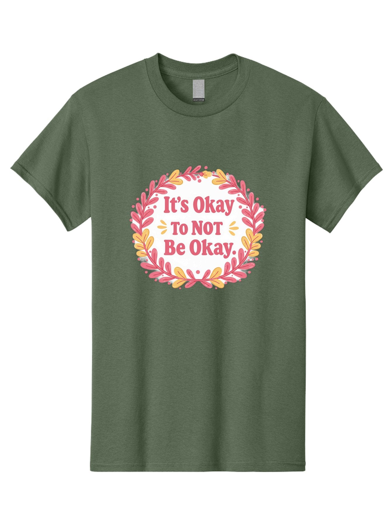 It-S-Okay-To-Not-Be-Okay-1 Men'S Graphic Tee, 100% Cotton, Comfortable Casual Summer Wear, Machine Washable, Motivational Quote, Mental Health Awareness, Inspirational Message, Positive Vibes, Self Care, Wellness, Pink Font, Yellow Leaves, Bae050 7