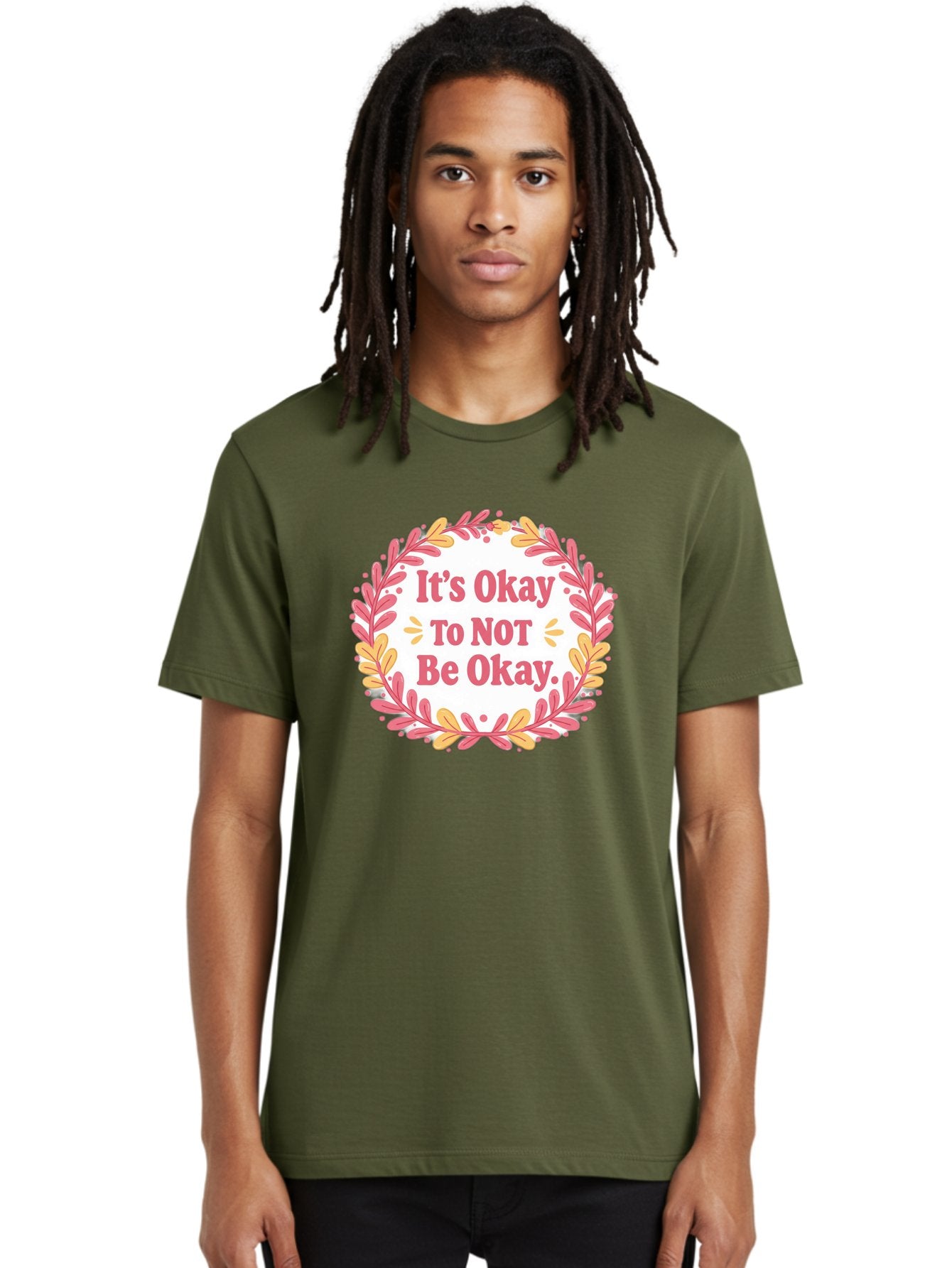It-S-Okay-To-Not-Be-Okay-1 Men'S Graphic Tee, 100% Cotton, Comfortable Casual Summer Wear, Machine Washable, Motivational Quote, Mental Health Awareness, Inspirational Message, Positive Vibes, Self Care, Wellness, Pink Font, Yellow Leaves, Bae050 16