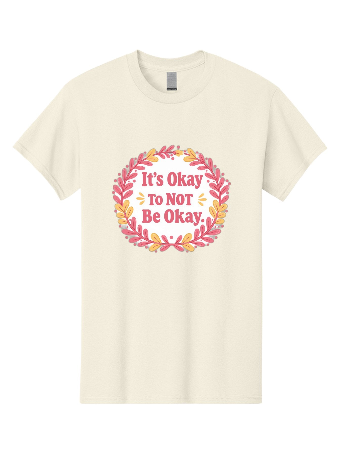 It-S-Okay-To-Not-Be-Okay-1 Men'S Graphic Tee, 100% Cotton, Comfortable Casual Summer Wear, Machine Washable, Motivational Quote, Mental Health Awareness, Inspirational Message, Positive Vibes, Self Care, Wellness, Pink Font, Yellow Leaves, Bae050 12