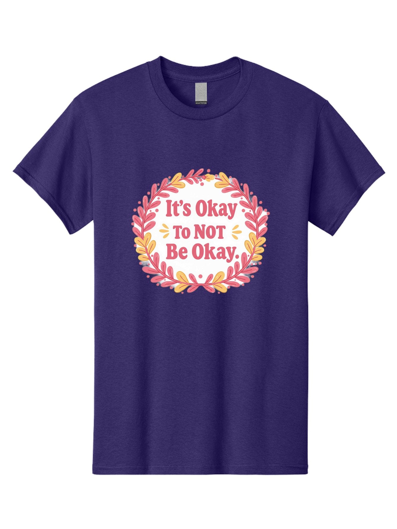 It-S-Okay-To-Not-Be-Okay-1 Men'S Graphic Tee, 100% Cotton, Comfortable Casual Summer Wear, Machine Washable, Motivational Quote, Mental Health Awareness, Inspirational Message, Positive Vibes, Self Care, Wellness, Pink Font, Yellow Leaves, Bae050 4
