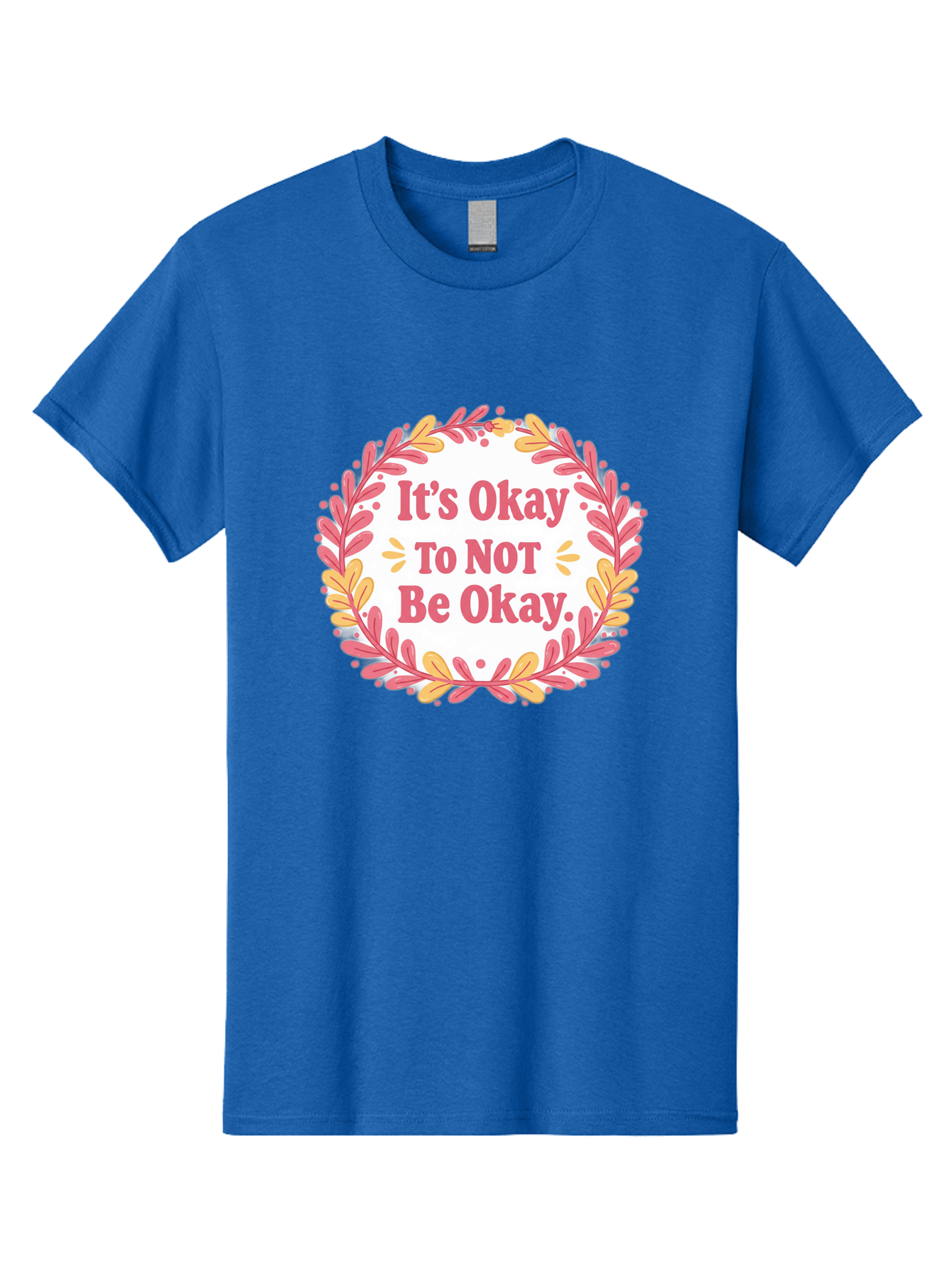 It-S-Okay-To-Not-Be-Okay-1 Men'S Graphic Tee, 100% Cotton, Comfortable Casual Summer Wear, Machine Washable, Motivational Quote, Mental Health Awareness, Inspirational Message, Positive Vibes, Self Care, Wellness, Pink Font, Yellow Leaves, Bae050