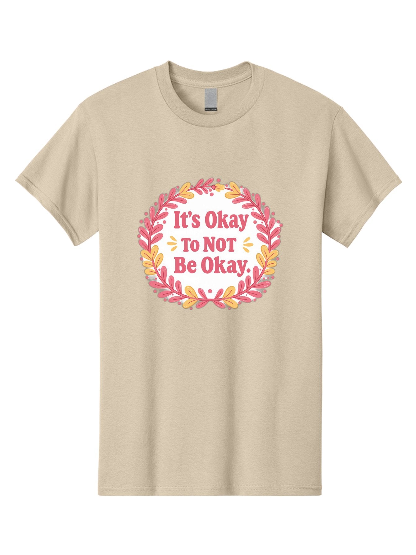 It-S-Okay-To-Not-Be-Okay-1 Men'S Graphic Tee, 100% Cotton, Comfortable Casual Summer Wear, Machine Washable, Motivational Quote, Mental Health Awareness, Inspirational Message, Positive Vibes, Self Care, Wellness, Pink Font, Yellow Leaves, Bae050 14