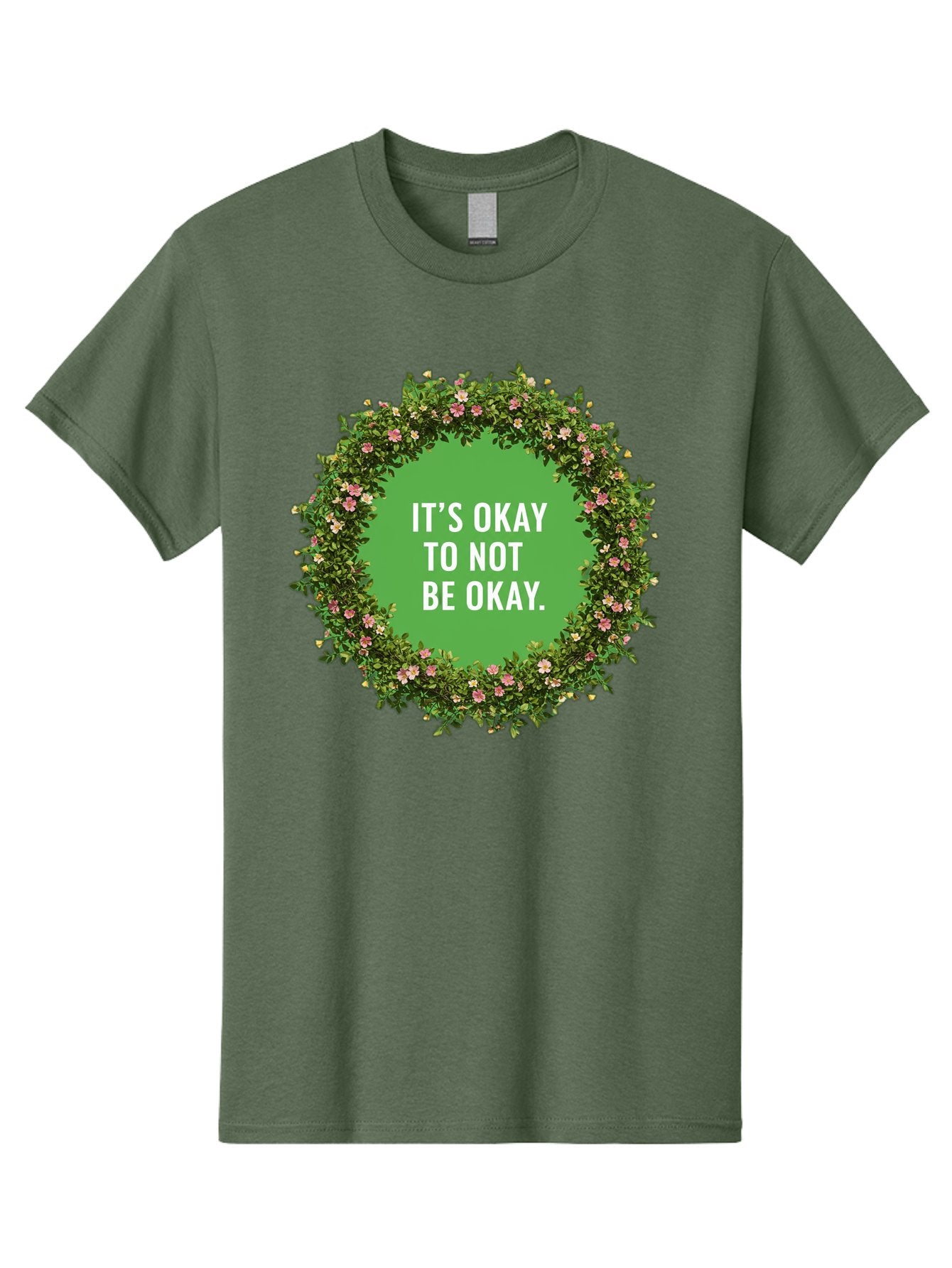 It-S-Okay-To-Not-Be-Okay-4 Men'S Graphic Tee, 100% Cotton, Comfortable Casual Summer Wear, Machine Washable, Mental Health Awareness, Positive Affirmation, Self Care, Emotional Support, Floral Wreath, Motivational Quote, Wellness, Self Love, Bae053 10