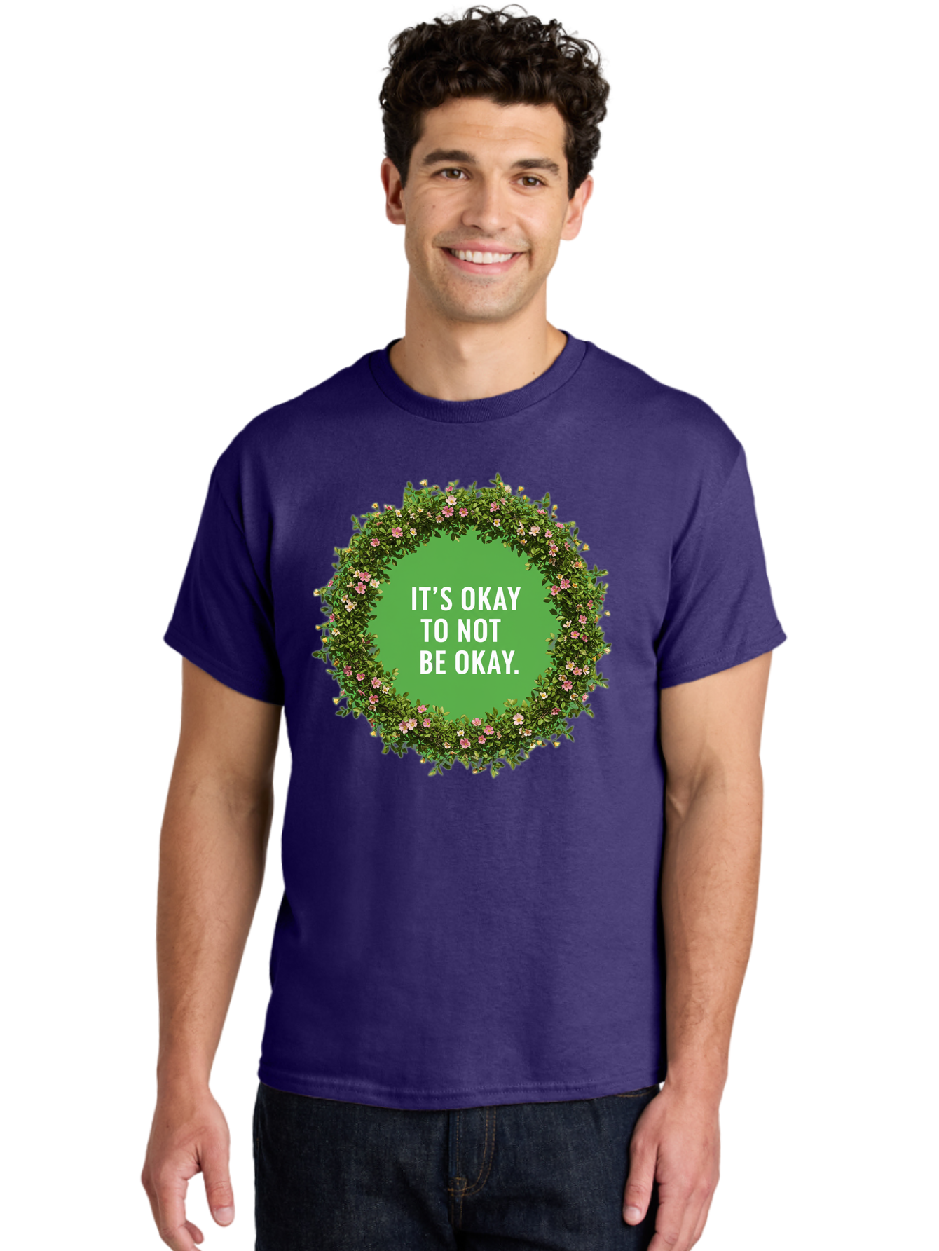 It-S-Okay-To-Not-Be-Okay-4 Men'S Graphic Tee, 100% Cotton, Comfortable Casual Summer Wear, Machine Washable, Mental Health Awareness, Positive Affirmation, Self Care, Emotional Support, Floral Wreath, Motivational Quote, Wellness, Self Love, Bae053 30