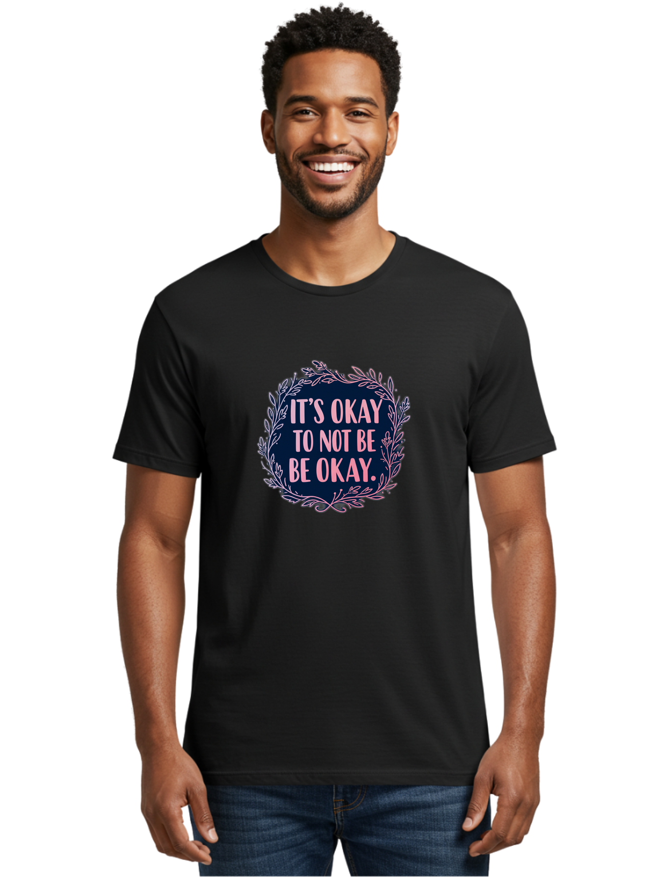 It-S-Okay-To-Not-Be-Okay Men'S Graphic Tee, 100% Cotton, Comfortable Casual Summer Wear, Machine Washable, Mental Health Awareness, Motivational Quote, Self Care, Positive Affirmation, Emotional Wellness, Inspirational Message, Pink Font, Bae055 18