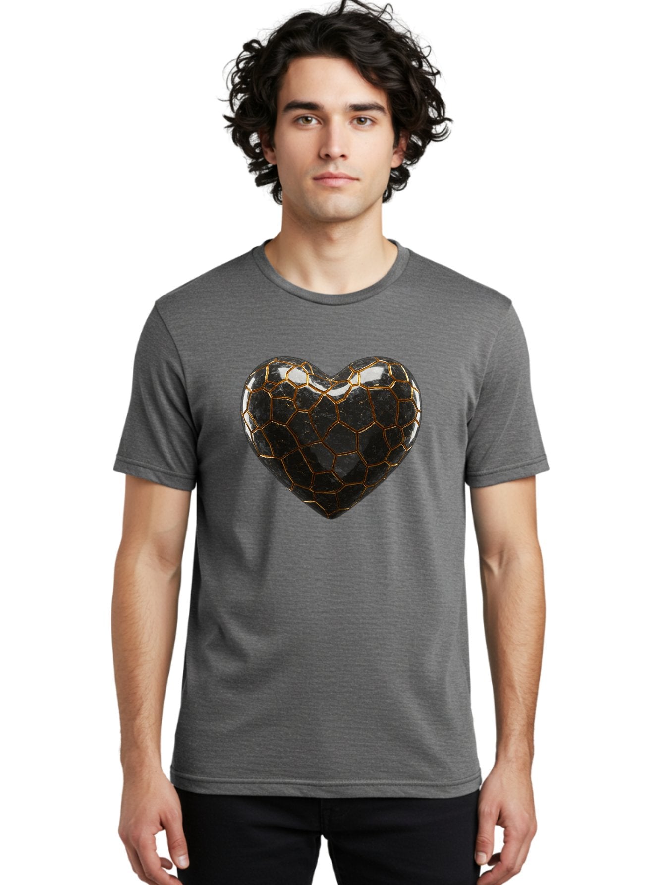 Kintsugi-Heart-1 Men'S Graphic Tee, 100% Cotton, Comfortable Casual Summer Wear, Machine Washable, Kintsugi Art, Heart Shape, Black Pottery, Gold Cracks, Broken Heart, Japanese Craftsmanship, Wabi-Sabi Aesthetic, Ceramics, Repair, Restoration, Bae056 27