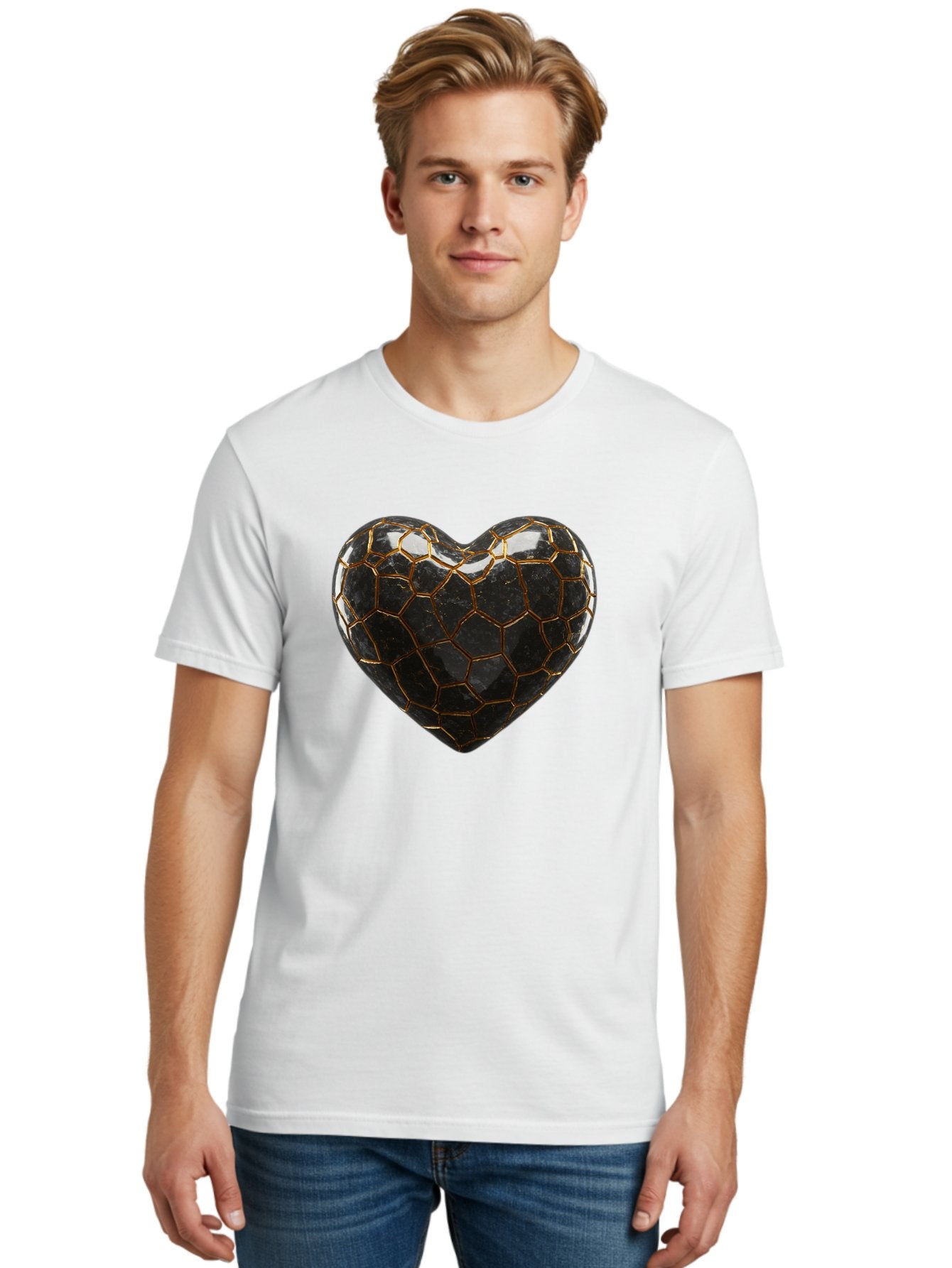 Kintsugi-Heart-1 Men'S Graphic Tee, 100% Cotton, Comfortable Casual Summer Wear, Machine Washable, Kintsugi Art, Heart Shape, Black Pottery, Gold Cracks, Broken Heart, Japanese Craftsmanship, Wabi-Sabi Aesthetic, Ceramics, Repair, Restoration, Bae056 30