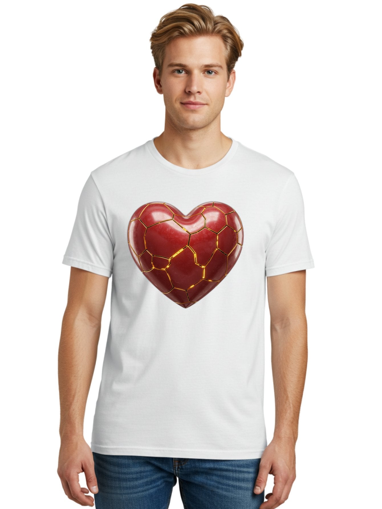 Kintsugi-Heart-2 Men'S Graphic Tee, 100% Cotton, Comfortable Casual Summer Wear, Machine Washable, Kintsugi Heart, Broken Heart, Golden Repair, Red Heart, Japanese Art, Emotional Healing, Symbolic Art, Unique Design, Heart Shape Bae057 26