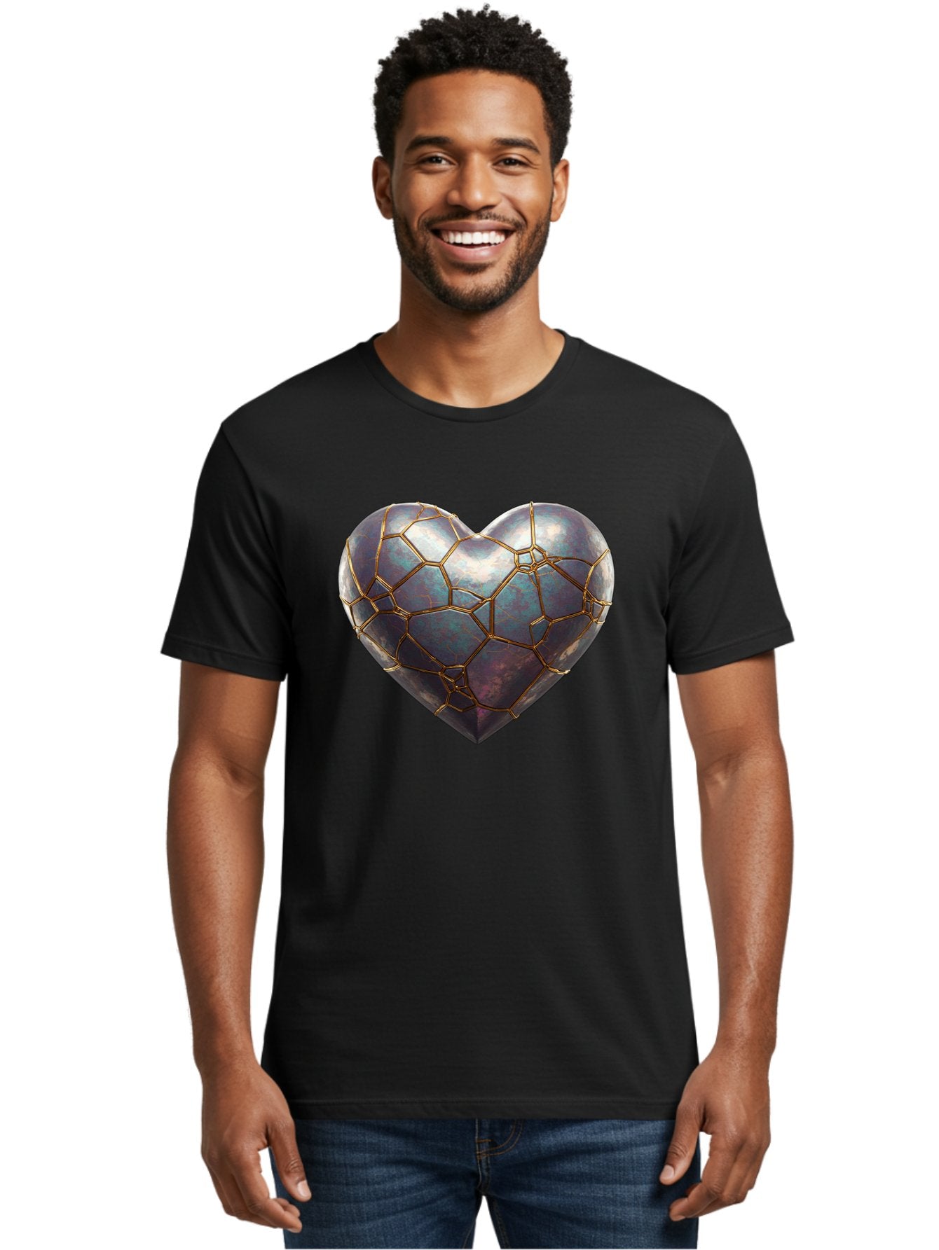 Kintsugi-Heart-3 Men'S Graphic Tee, 100% Cotton, Comfortable Casual Summer Wear, Machine Washable, Kintsugi Art, Broken Heart, Repaired Love, Metallic Heart, Golden Cracks, Fragile Beauty, Symbolic Art, Emotional Healing, Unique Design, Bae058 22