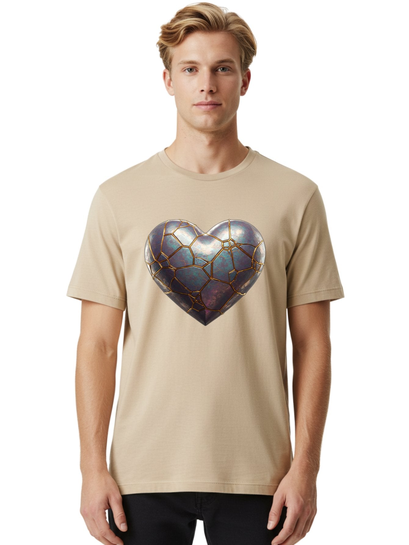 Kintsugi-Heart-3 Men'S Graphic Tee, 100% Cotton, Comfortable Casual Summer Wear, Machine Washable, Kintsugi Art, Broken Heart, Repaired Love, Metallic Heart, Golden Cracks, Fragile Beauty, Symbolic Art, Emotional Healing, Unique Design, Bae058 18