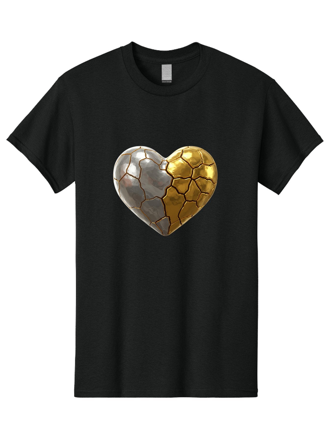 Kintsugi-Heart-5 Men'S Graphic Tee, 100% Cotton, Comfortable Casual Summer Wear, Machine Washable, Heart Shape, Metal Surface, Cracked Texture, Silver And Gold Elements, Kintsugi Effect, Love Symbol, Metallic Design, Broken Heart, Bae060 10