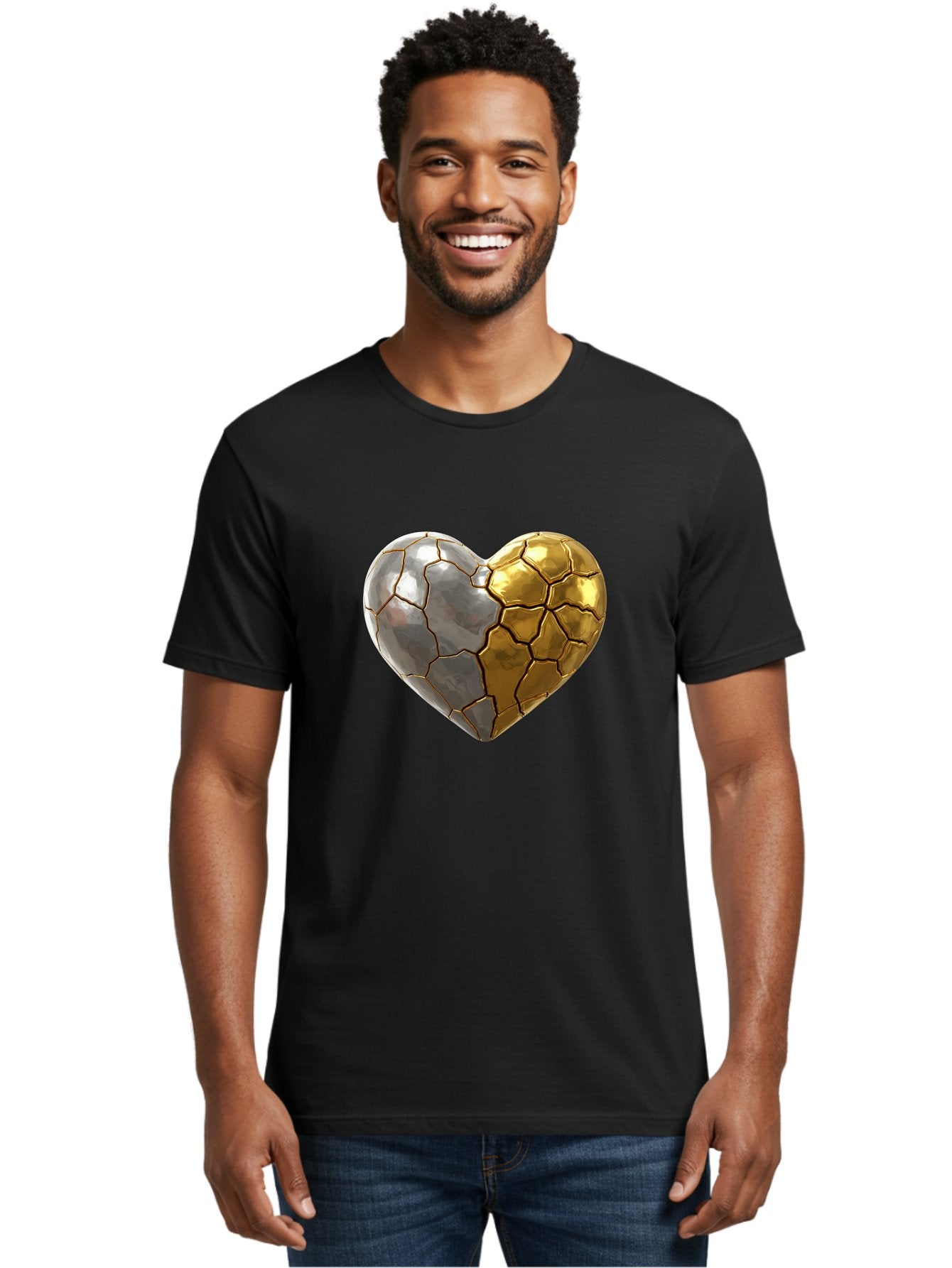 Kintsugi-Heart-5 Men'S Graphic Tee, 100% Cotton, Comfortable Casual Summer Wear, Machine Washable, Heart Shape, Metal Surface, Cracked Texture, Silver And Gold Elements, Kintsugi Effect, Love Symbol, Metallic Design, Broken Heart, Bae060 17