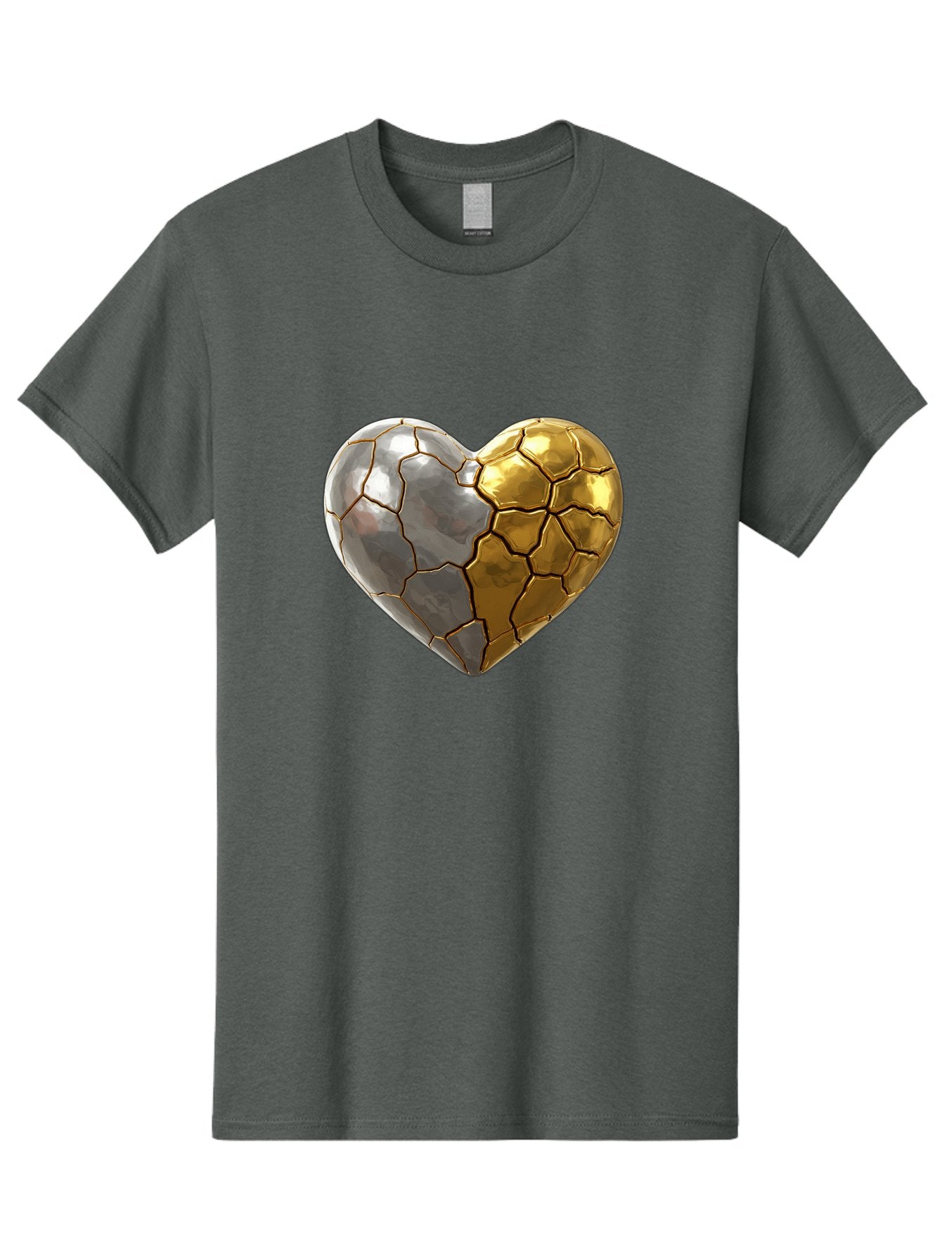 Kintsugi-Heart-5 Men'S Graphic Tee, 100% Cotton, Comfortable Casual Summer Wear, Machine Washable, Heart Shape, Metal Surface, Cracked Texture, Silver And Gold Elements, Kintsugi Effect, Love Symbol, Metallic Design, Broken Heart, Bae060 12
