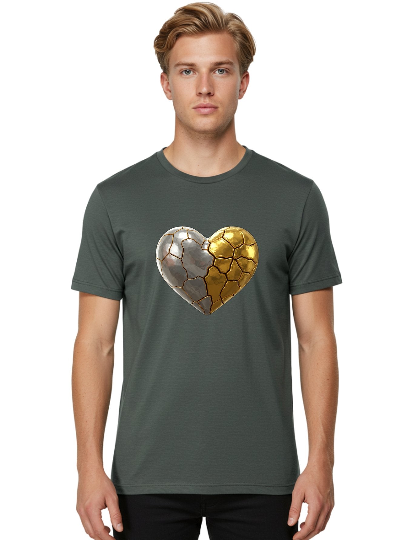 Kintsugi-Heart-5 Men'S Graphic Tee, 100% Cotton, Comfortable Casual Summer Wear, Machine Washable, Heart Shape, Metal Surface, Cracked Texture, Silver And Gold Elements, Kintsugi Effect, Love Symbol, Metallic Design, Broken Heart, Bae060 28