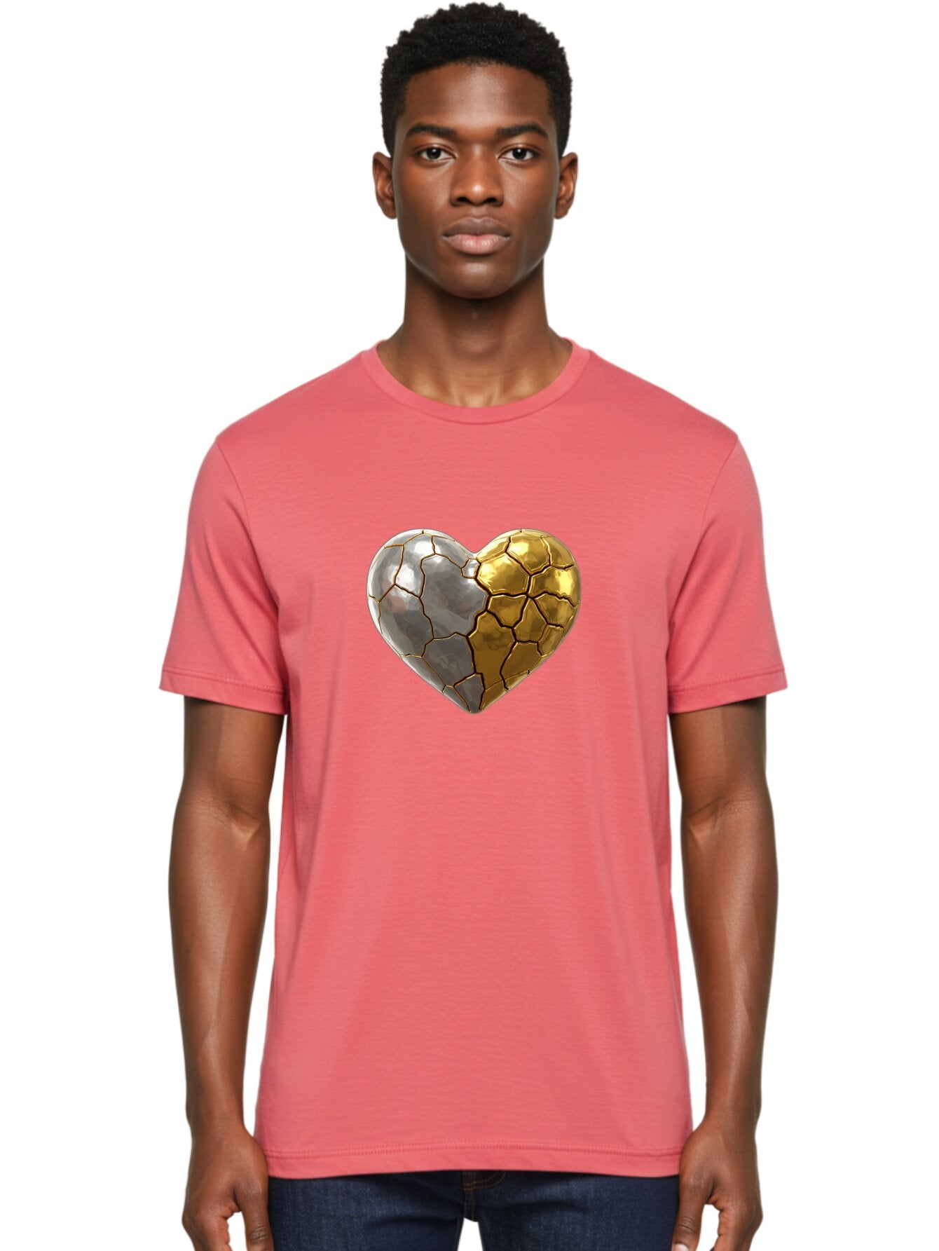 Kintsugi-Heart-5 Men'S Graphic Tee, 100% Cotton, Comfortable Casual Summer Wear, Machine Washable, Heart Shape, Metal Surface, Cracked Texture, Silver And Gold Elements, Kintsugi Effect, Love Symbol, Metallic Design, Broken Heart, Bae060 27