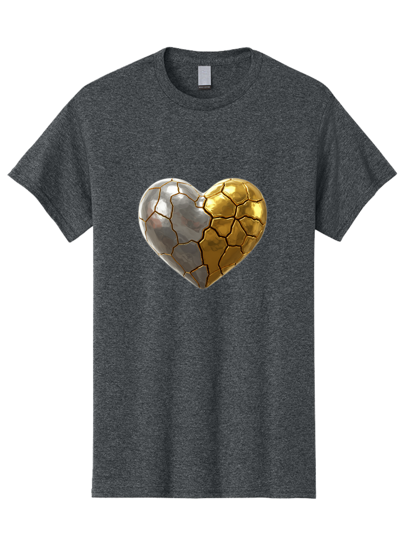 Kintsugi-Heart-5 Men'S Graphic Tee, 100% Cotton, Comfortable Casual Summer Wear, Machine Washable, Heart Shape, Metal Surface, Cracked Texture, Silver And Gold Elements, Kintsugi Effect, Love Symbol, Metallic Design, Broken Heart, Bae060 12