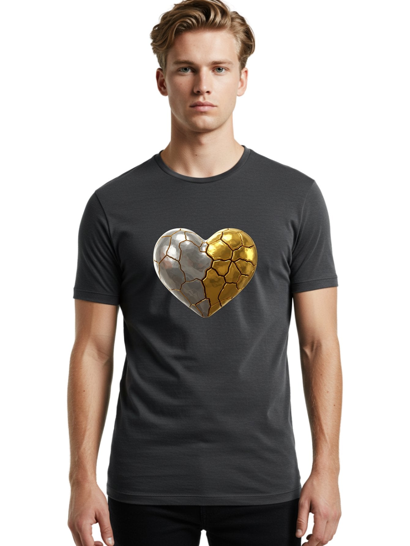 Kintsugi-Heart-5 Men'S Graphic Tee, 100% Cotton, Comfortable Casual Summer Wear, Machine Washable, Heart Shape, Metal Surface, Cracked Texture, Silver And Gold Elements, Kintsugi Effect, Love Symbol, Metallic Design, Broken Heart, Bae060 18
