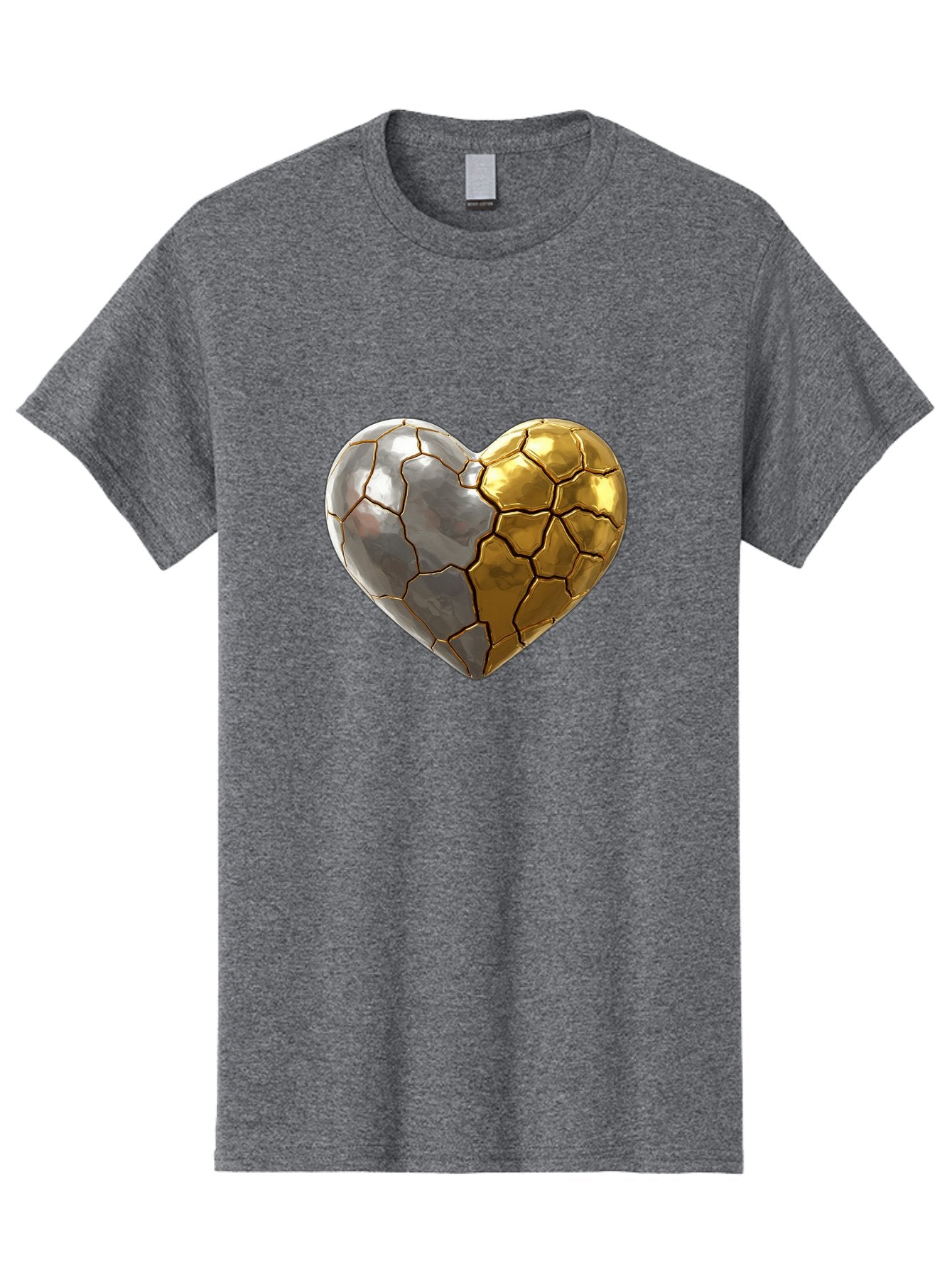 Kintsugi-Heart-5 Men'S Graphic Tee, 100% Cotton, Comfortable Casual Summer Wear, Machine Washable, Heart Shape, Metal Surface, Cracked Texture, Silver And Gold Elements, Kintsugi Effect, Love Symbol, Metallic Design, Broken Heart, Bae060 14