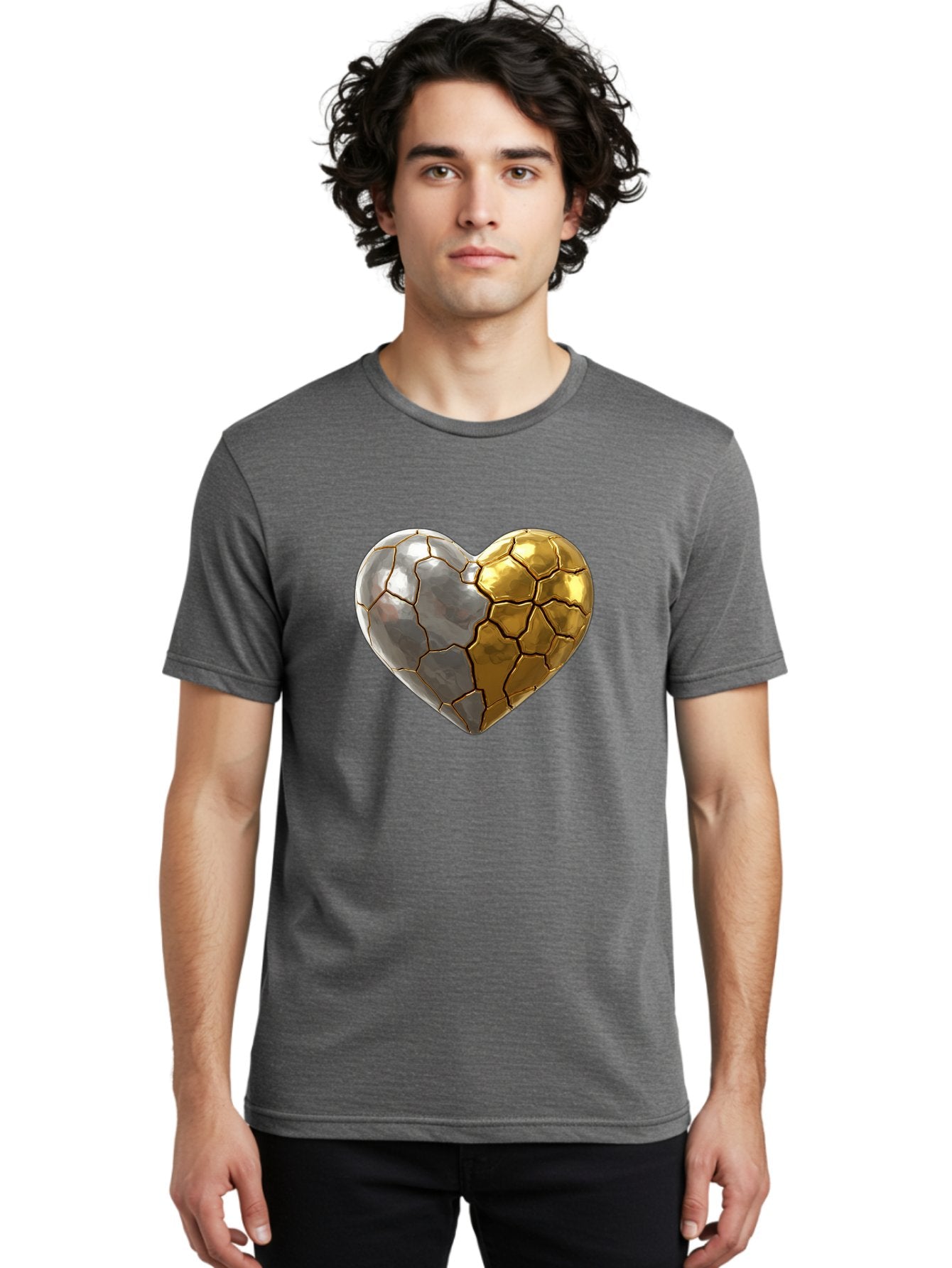 Kintsugi-Heart-5 Men'S Graphic Tee, 100% Cotton, Comfortable Casual Summer Wear, Machine Washable, Heart Shape, Metal Surface, Cracked Texture, Silver And Gold Elements, Kintsugi Effect, Love Symbol, Metallic Design, Broken Heart, Bae060 29