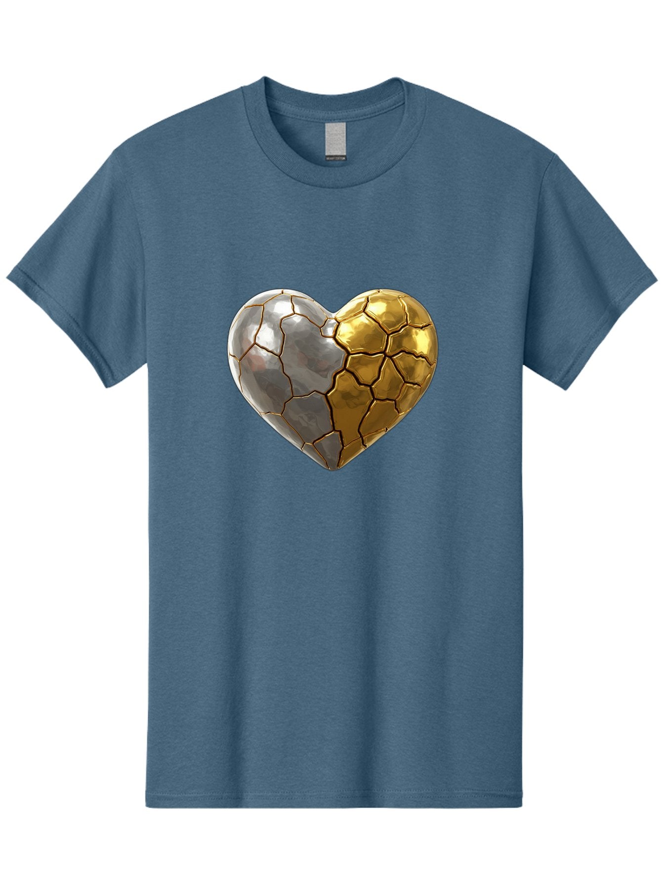 Kintsugi-Heart-5 Men'S Graphic Tee, 100% Cotton, Comfortable Casual Summer Wear, Machine Washable, Heart Shape, Metal Surface, Cracked Texture, Silver And Gold Elements, Kintsugi Effect, Love Symbol, Metallic Design, Broken Heart, Bae060 15