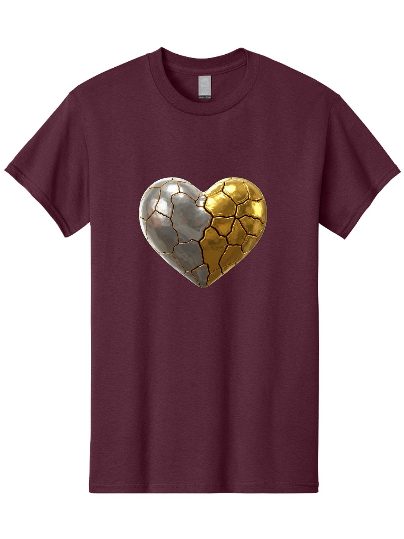 Kintsugi-Heart-5 Men'S Graphic Tee, 100% Cotton, Comfortable Casual Summer Wear, Machine Washable, Heart Shape, Metal Surface, Cracked Texture, Silver And Gold Elements, Kintsugi Effect, Love Symbol, Metallic Design, Broken Heart, Bae060 13