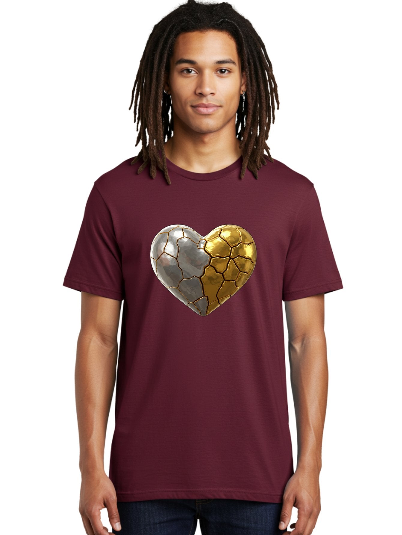 Kintsugi-Heart-5 Men'S Graphic Tee, 100% Cotton, Comfortable Casual Summer Wear, Machine Washable, Heart Shape, Metal Surface, Cracked Texture, Silver And Gold Elements, Kintsugi Effect, Love Symbol, Metallic Design, Broken Heart, Bae060 20
