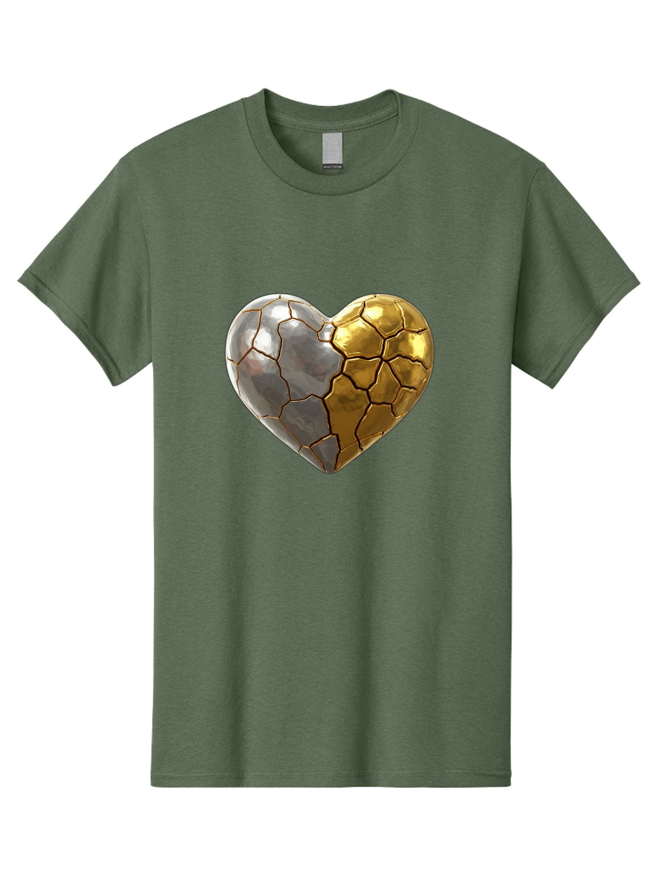 Kintsugi-Heart-5 Men'S Graphic Tee, 100% Cotton, Comfortable Casual Summer Wear, Machine Washable, Heart Shape, Metal Surface, Cracked Texture, Silver And Gold Elements, Kintsugi Effect, Love Symbol, Metallic Design, Broken Heart, Bae060