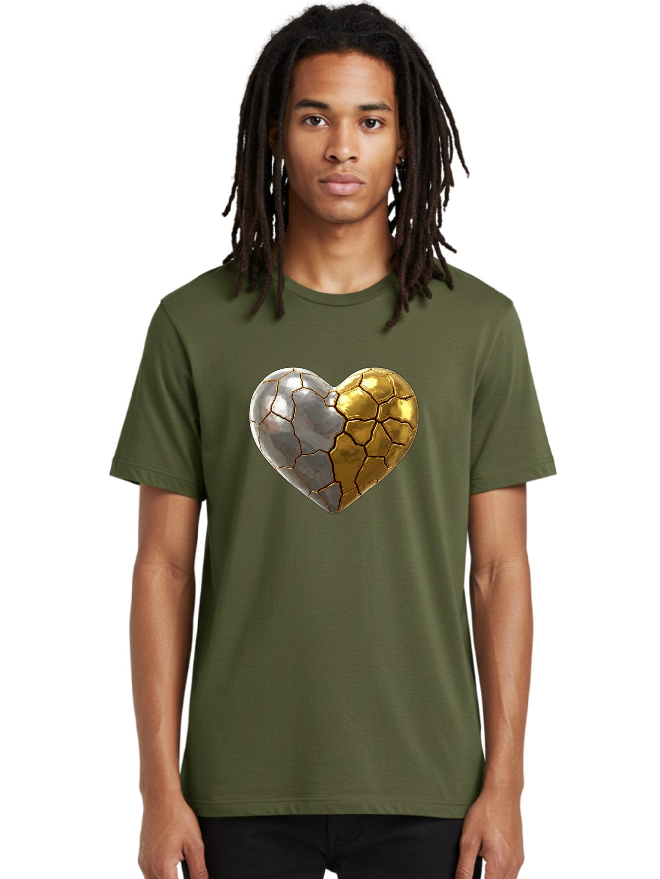 Kintsugi-Heart-5 Men'S Graphic Tee, 100% Cotton, Comfortable Casual Summer Wear, Machine Washable, Heart Shape, Metal Surface, Cracked Texture, Silver And Gold Elements, Kintsugi Effect, Love Symbol, Metallic Design, Broken Heart, Bae060 19