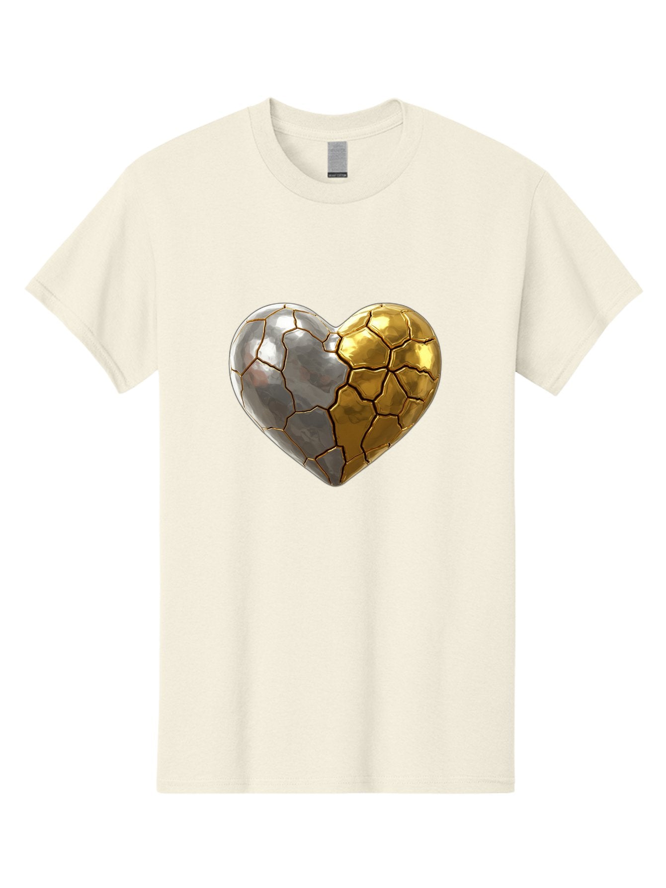 Kintsugi-Heart-5 Men'S Graphic Tee, 100% Cotton, Comfortable Casual Summer Wear, Machine Washable, Heart Shape, Metal Surface, Cracked Texture, Silver And Gold Elements, Kintsugi Effect, Love Symbol, Metallic Design, Broken Heart, Bae060 3