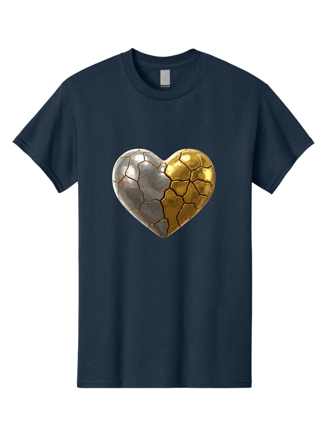Kintsugi-Heart-5 Men'S Graphic Tee, 100% Cotton, Comfortable Casual Summer Wear, Machine Washable, Heart Shape, Metal Surface, Cracked Texture, Silver And Gold Elements, Kintsugi Effect, Love Symbol, Metallic Design, Broken Heart, Bae060 7