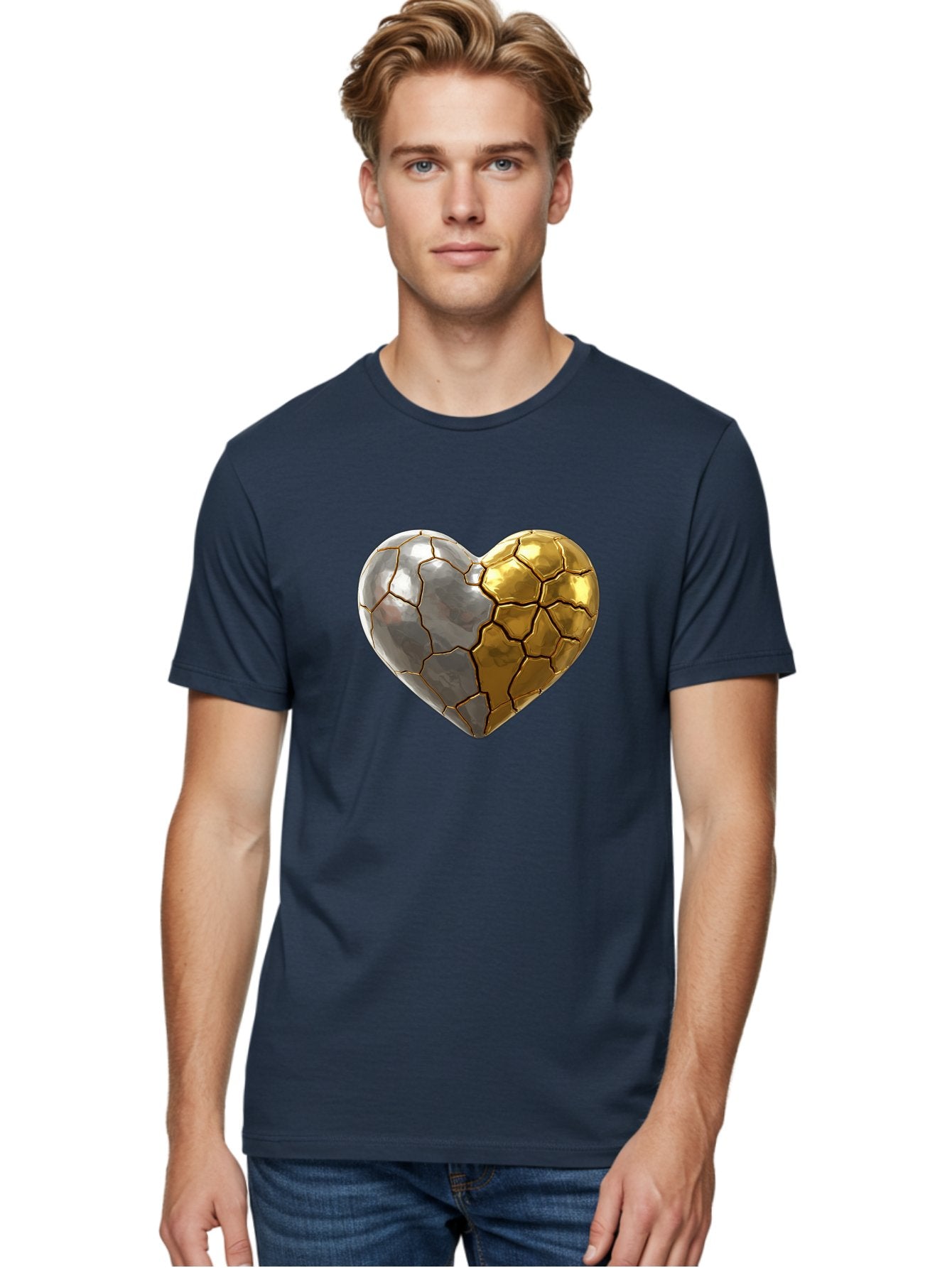 Kintsugi-Heart-5 Men'S Graphic Tee, 100% Cotton, Comfortable Casual Summer Wear, Machine Washable, Heart Shape, Metal Surface, Cracked Texture, Silver And Gold Elements, Kintsugi Effect, Love Symbol, Metallic Design, Broken Heart, Bae060 16