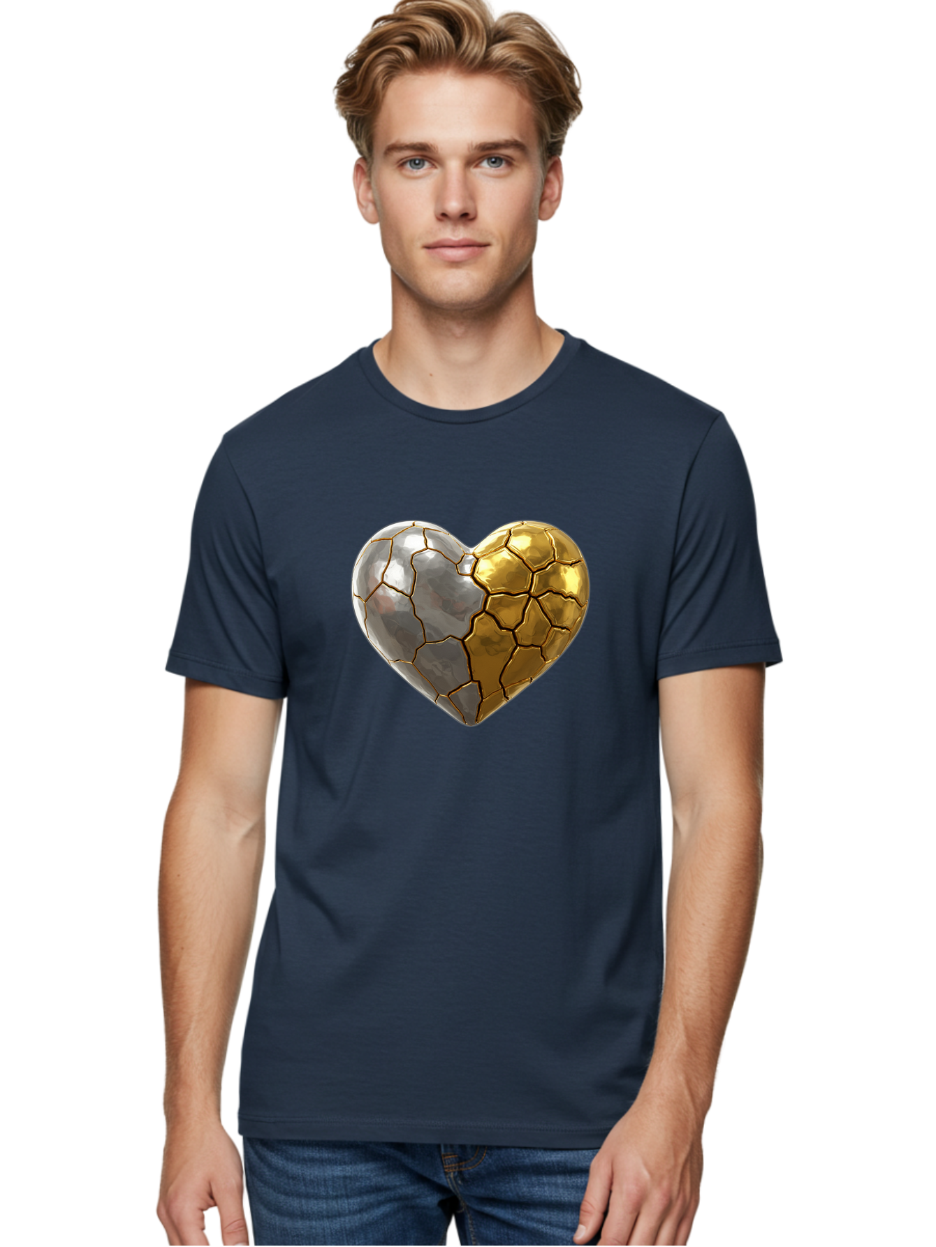 Kintsugi-Heart-5 Men'S Graphic Tee, 100% Cotton, Comfortable Casual Summer Wear, Machine Washable, Heart Shape, Metal Surface, Cracked Texture, Silver And Gold Elements, Kintsugi Effect, Love Symbol, Metallic Design, Broken Heart, Bae060 28
