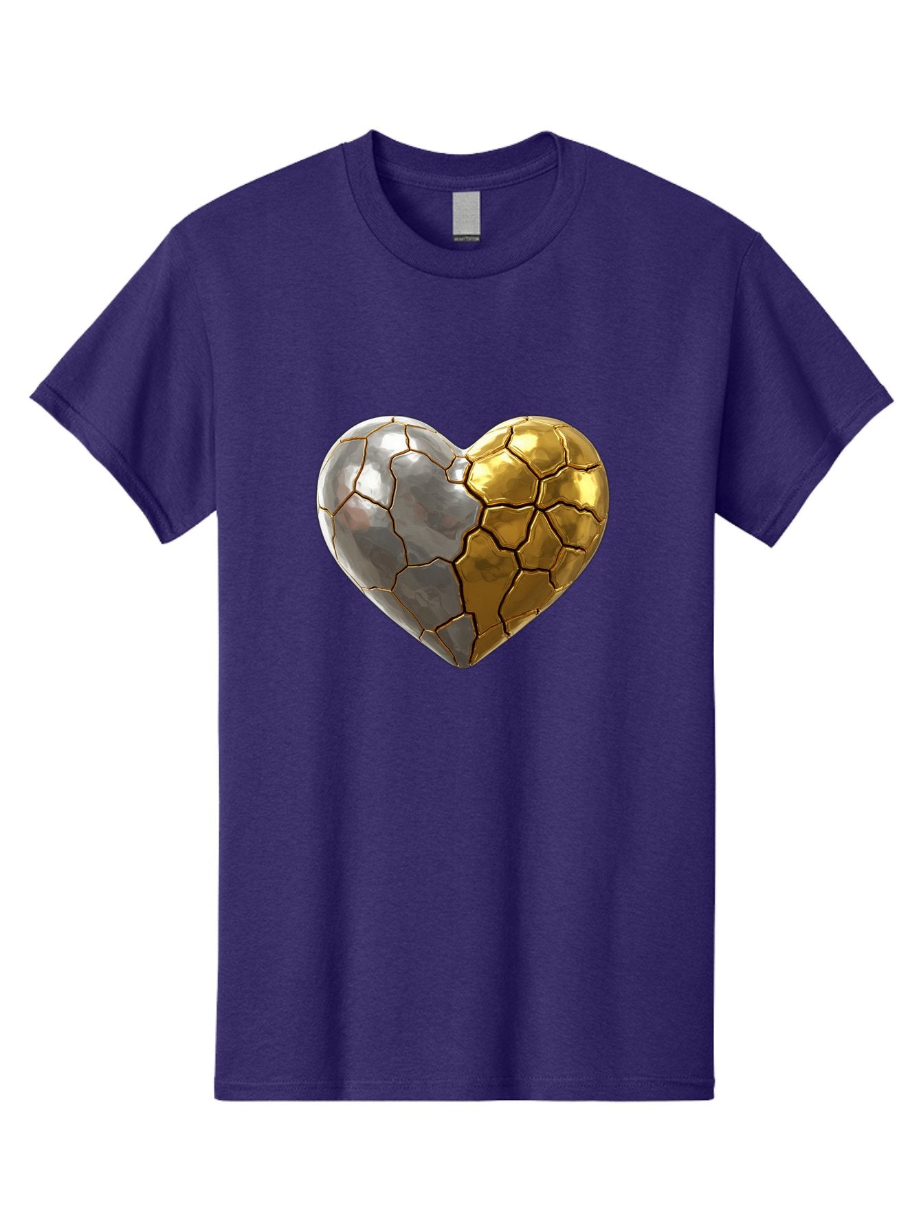 Kintsugi-Heart-5 Men'S Graphic Tee, 100% Cotton, Comfortable Casual Summer Wear, Machine Washable, Heart Shape, Metal Surface, Cracked Texture, Silver And Gold Elements, Kintsugi Effect, Love Symbol, Metallic Design, Broken Heart, Bae060