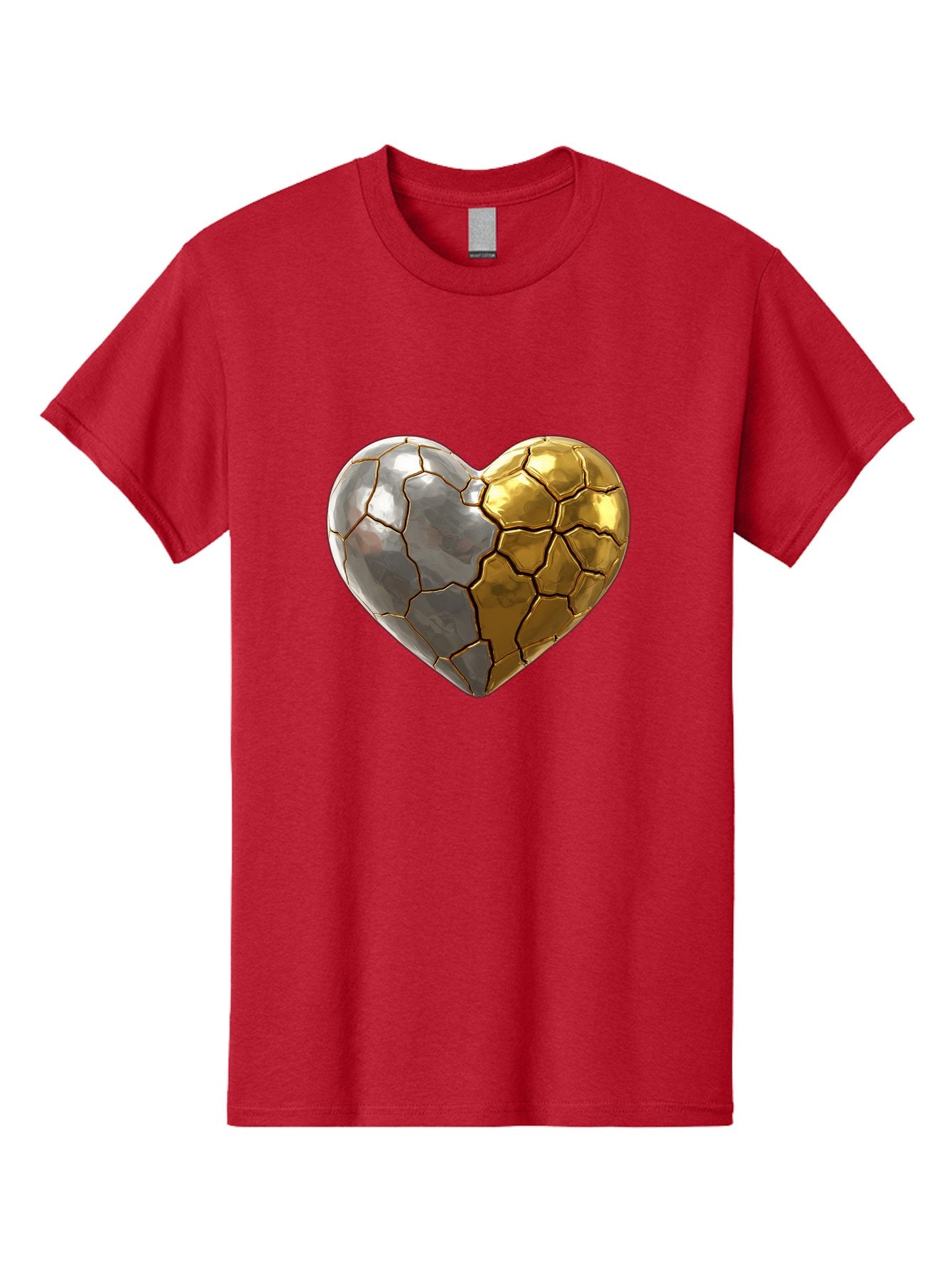 Kintsugi-Heart-5 Men'S Graphic Tee, 100% Cotton, Comfortable Casual Summer Wear, Machine Washable, Heart Shape, Metal Surface, Cracked Texture, Silver And Gold Elements, Kintsugi Effect, Love Symbol, Metallic Design, Broken Heart, Bae060 5