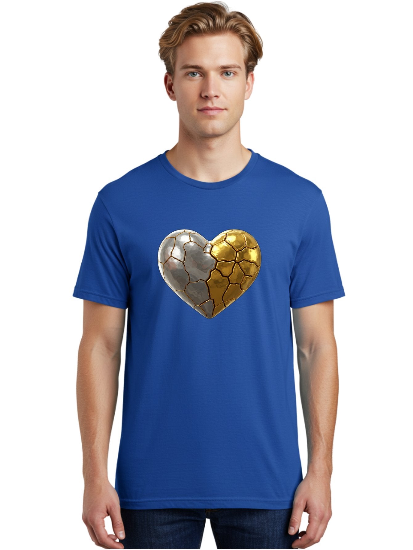 Kintsugi-Heart-5 Men'S Graphic Tee, 100% Cotton, Comfortable Casual Summer Wear, Machine Washable, Heart Shape, Metal Surface, Cracked Texture, Silver And Gold Elements, Kintsugi Effect, Love Symbol, Metallic Design, Broken Heart, Bae060 25