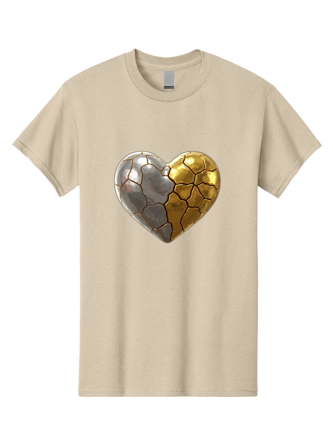 Kintsugi-Heart-5 Men'S Graphic Tee, 100% Cotton, Comfortable Casual Summer Wear, Machine Washable, Heart Shape, Metal Surface, Cracked Texture, Silver And Gold Elements, Kintsugi Effect, Love Symbol, Metallic Design, Broken Heart, Bae060 6