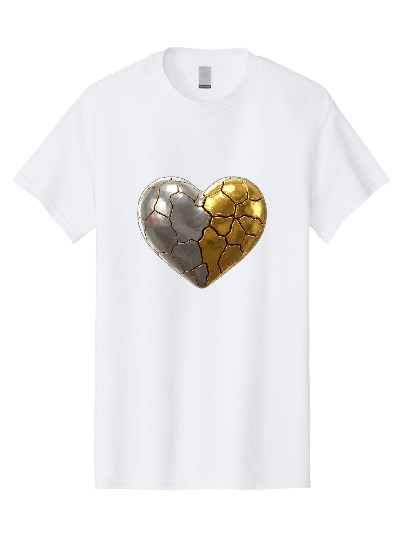 Kintsugi-Heart-5 Men'S Graphic Tee, 100% Cotton, Comfortable Casual Summer Wear, Machine Washable, Heart Shape, Metal Surface, Cracked Texture, Silver And Gold Elements, Kintsugi Effect, Love Symbol, Metallic Design, Broken Heart, Bae060 9