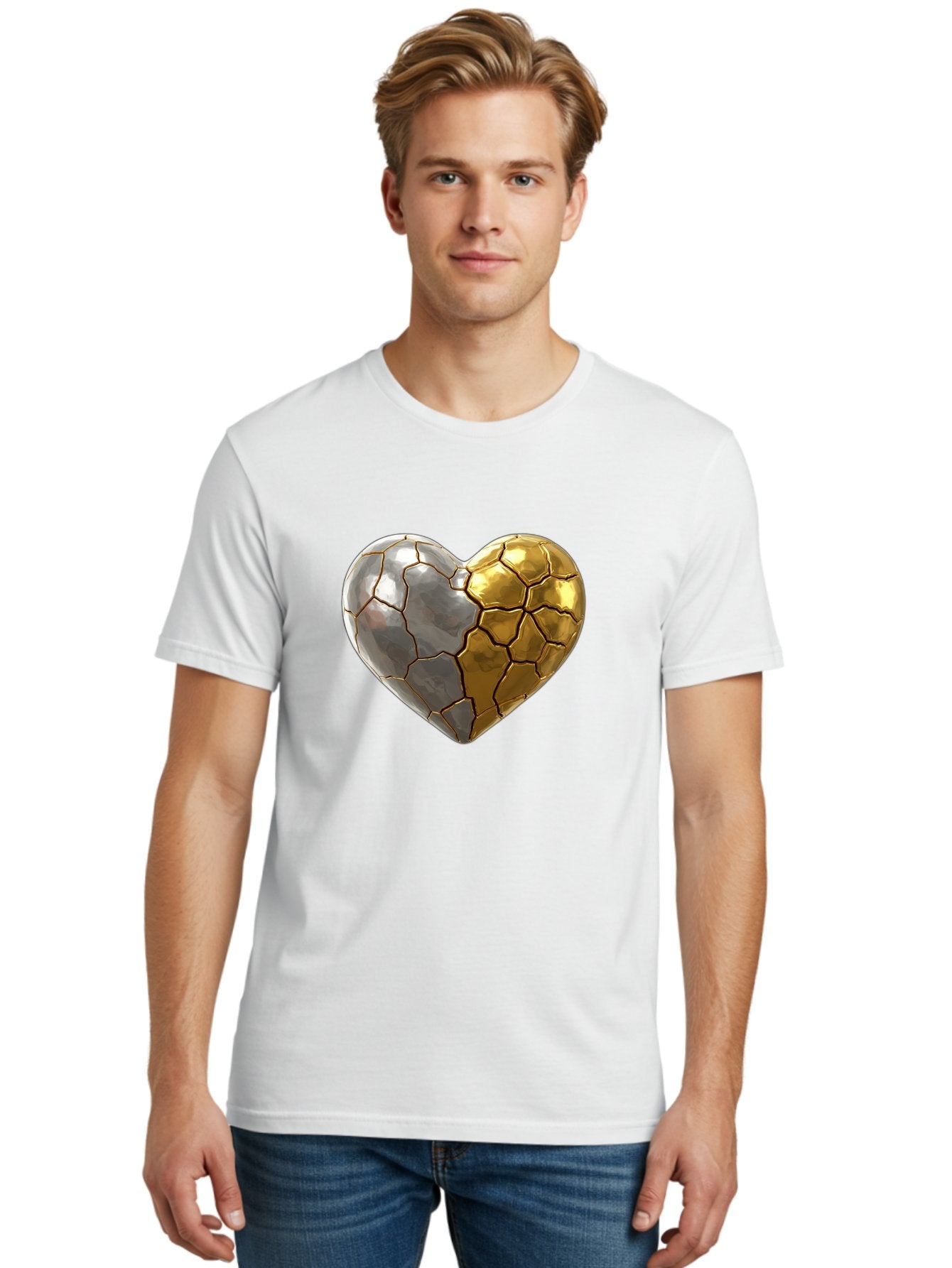 Kintsugi-Heart-5 Men'S Graphic Tee, 100% Cotton, Comfortable Casual Summer Wear, Machine Washable, Heart Shape, Metal Surface, Cracked Texture, Silver And Gold Elements, Kintsugi Effect, Love Symbol, Metallic Design, Broken Heart, Bae060 26