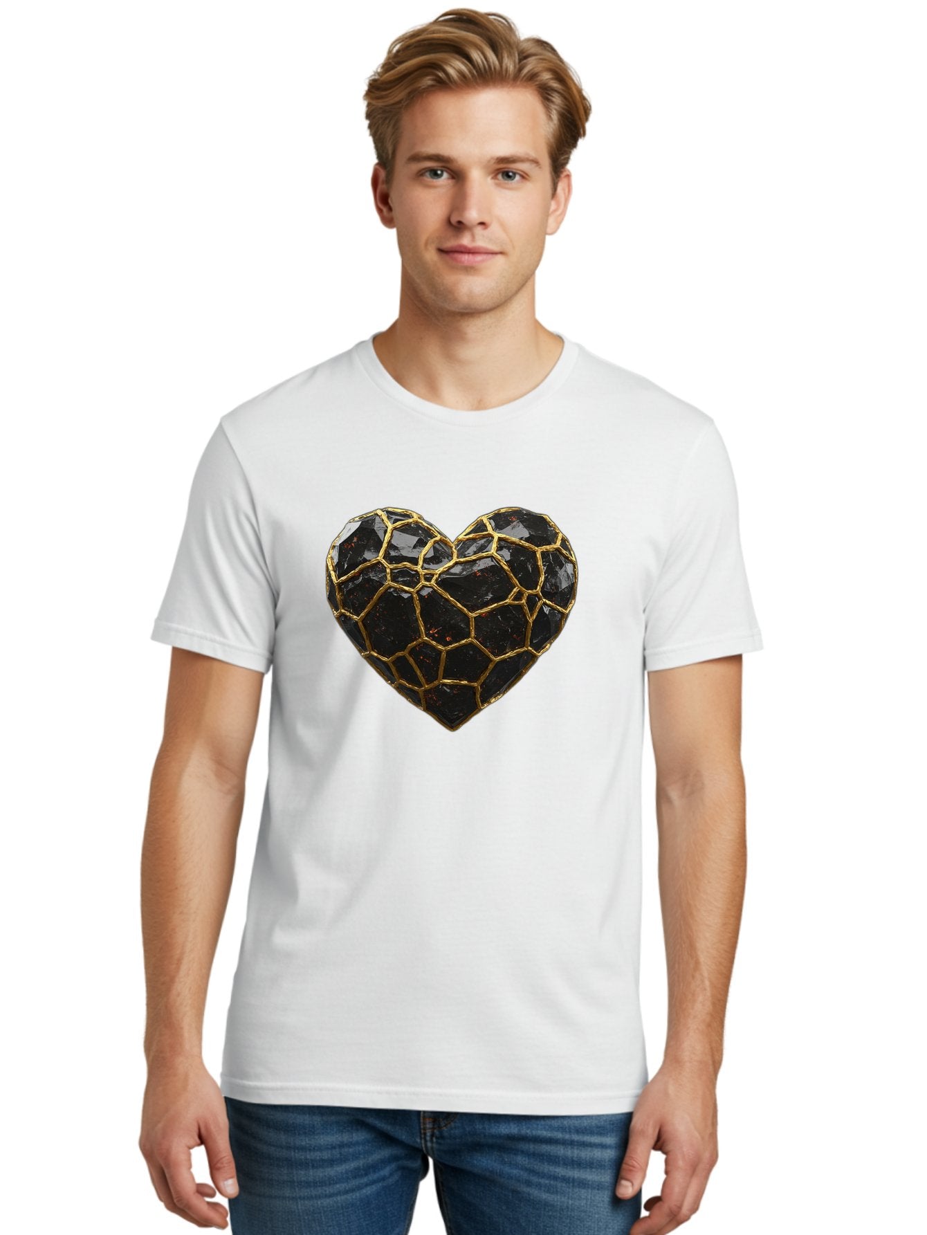 Kintsugi-Heart-8 Men'S Graphic Tee, 100% Cotton, Comfortable Casual Summer Wear, Machine Washable, Kintsugi Art, Broken Heart, Gold Repair, Cracked Gemstone, Luxury Jewelry, Unique Decoration, Symbolic Heart, Repaired Heart, Precious Stone, Bae063 16