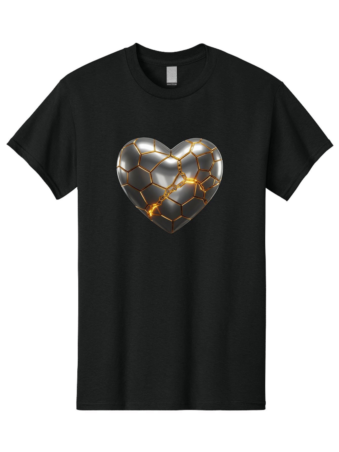Kintsugi-Heart Men'S Graphic Tee, 100% Cotton, Comfortable Casual Summer Wear, Machine Washable, Kintsugi, Broken Heart, Repaired With Gold, Metal Heart, Shiny, Reflective, 3D Illustration, Unique Art, Creative Design, Heart Shape, Bae064 15
