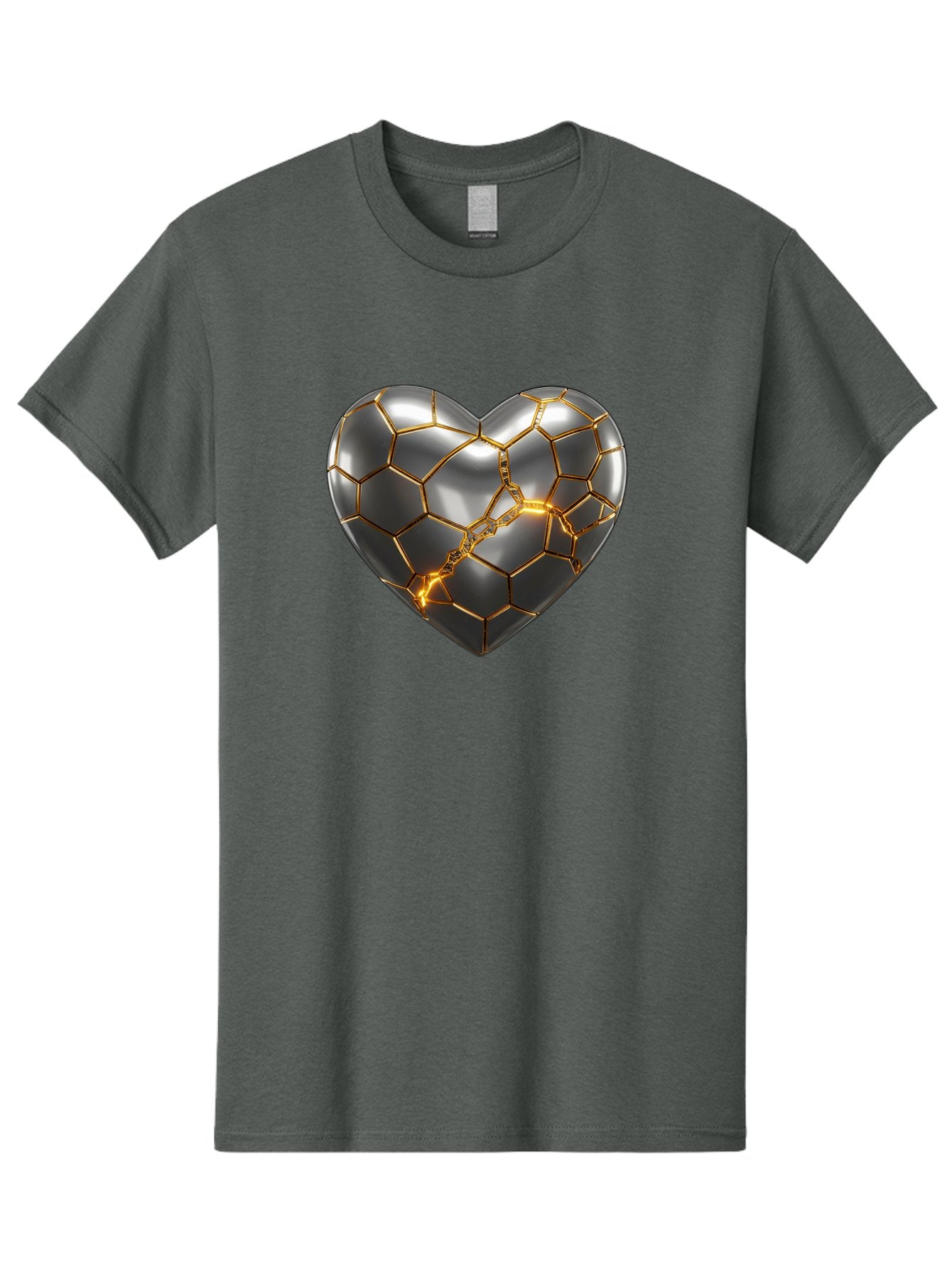 Kintsugi-Heart Men'S Graphic Tee, 100% Cotton, Comfortable Casual Summer Wear, Machine Washable, Kintsugi, Broken Heart, Repaired With Gold, Metal Heart, Shiny, Reflective, 3D Illustration, Unique Art, Creative Design, Heart Shape, Bae064