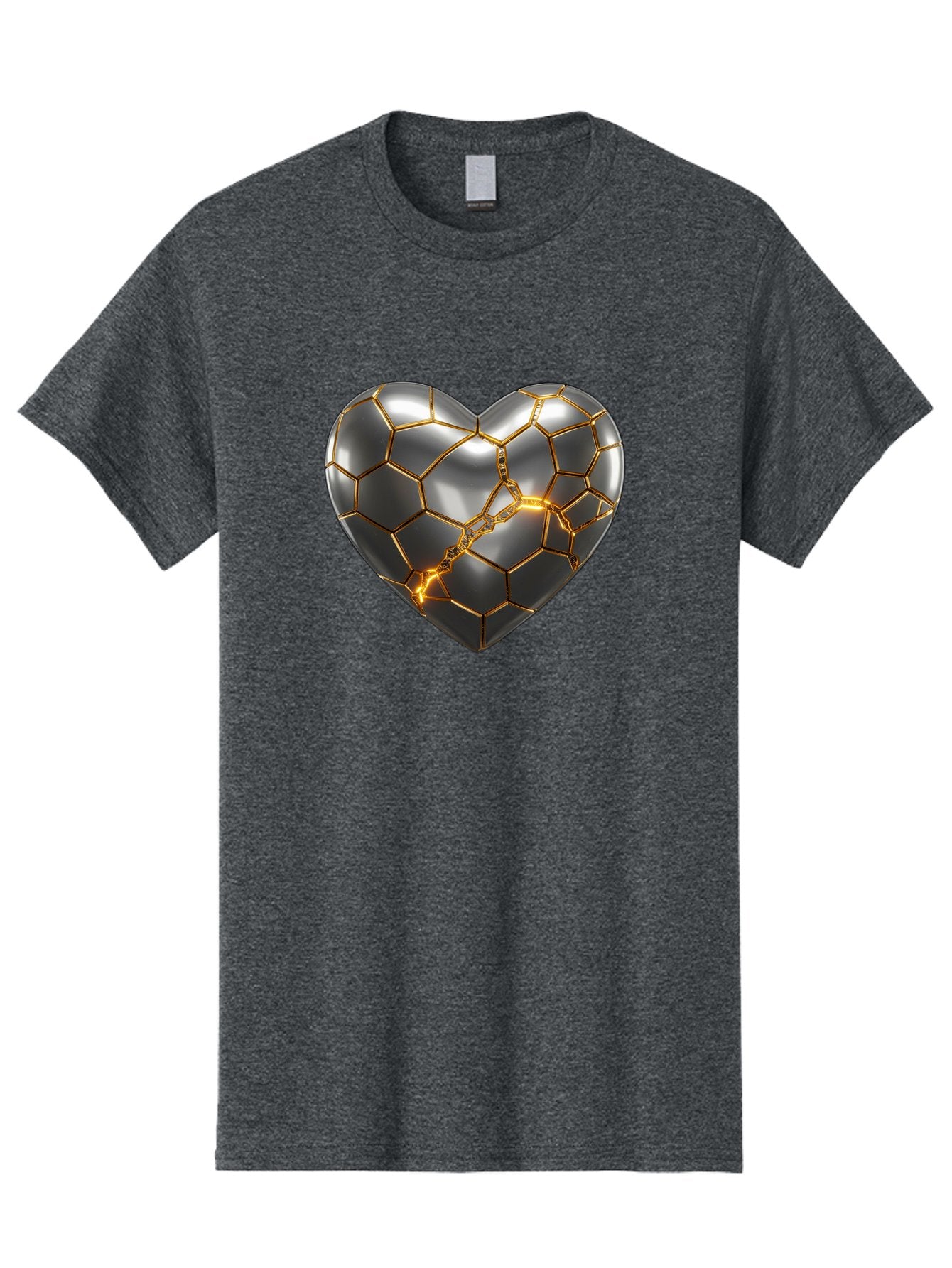 Kintsugi-Heart Men'S Graphic Tee, 100% Cotton, Comfortable Casual Summer Wear, Machine Washable, Kintsugi, Broken Heart, Repaired With Gold, Metal Heart, Shiny, Reflective, 3D Illustration, Unique Art, Creative Design, Heart Shape, Bae064 8